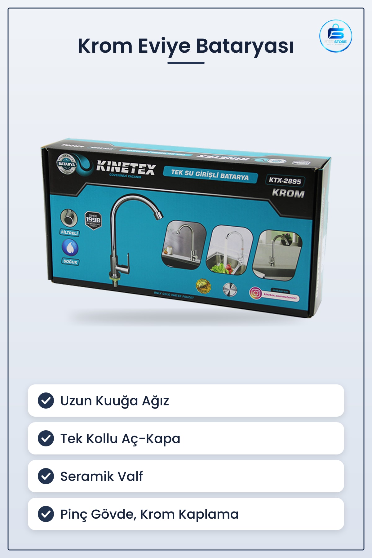 Eviye Bataryası Krom Uzun Kuğu Tek Su Girişli Mutfak Pirinç Gövde Seramik Valfli Aç Kapa