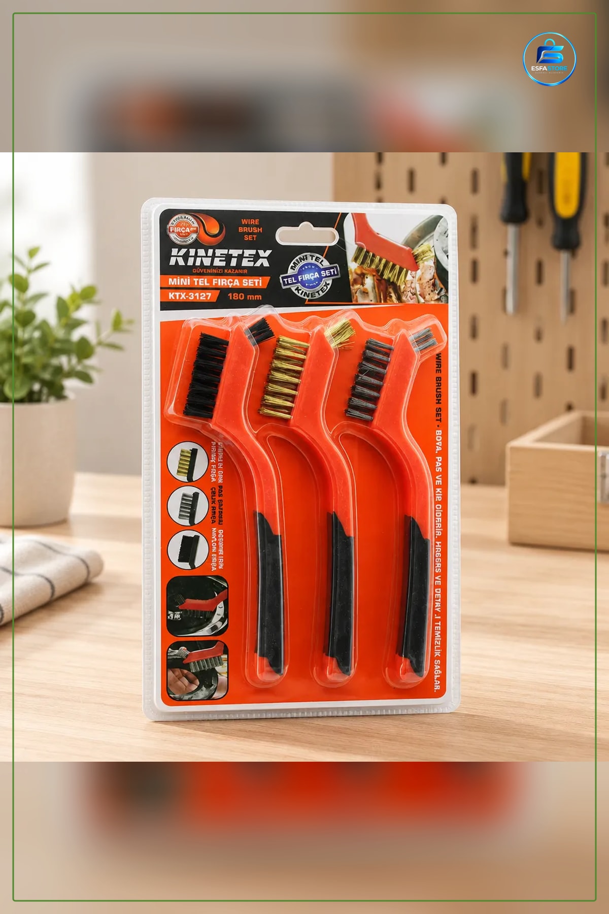 Mini Tel Fırça Seti 3 Parça 180 mm Pirinç Çelik ve Naylon Kıllı Temizlik Fırçası Pas Giderici