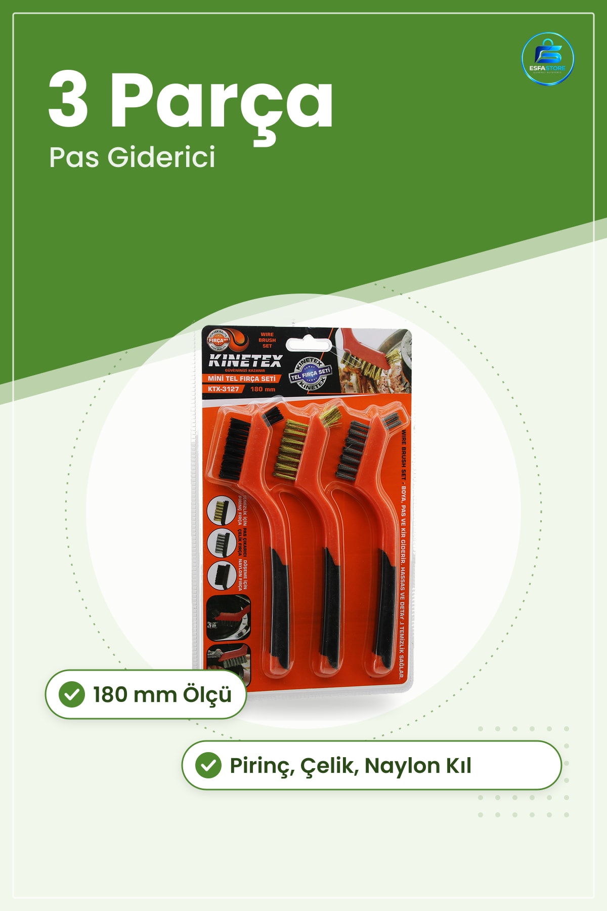Mini Tel Fırça Seti 3 Parça 180 mm Pirinç Çelik ve Naylon Kıllı Temizlik Fırçası Pas Giderici