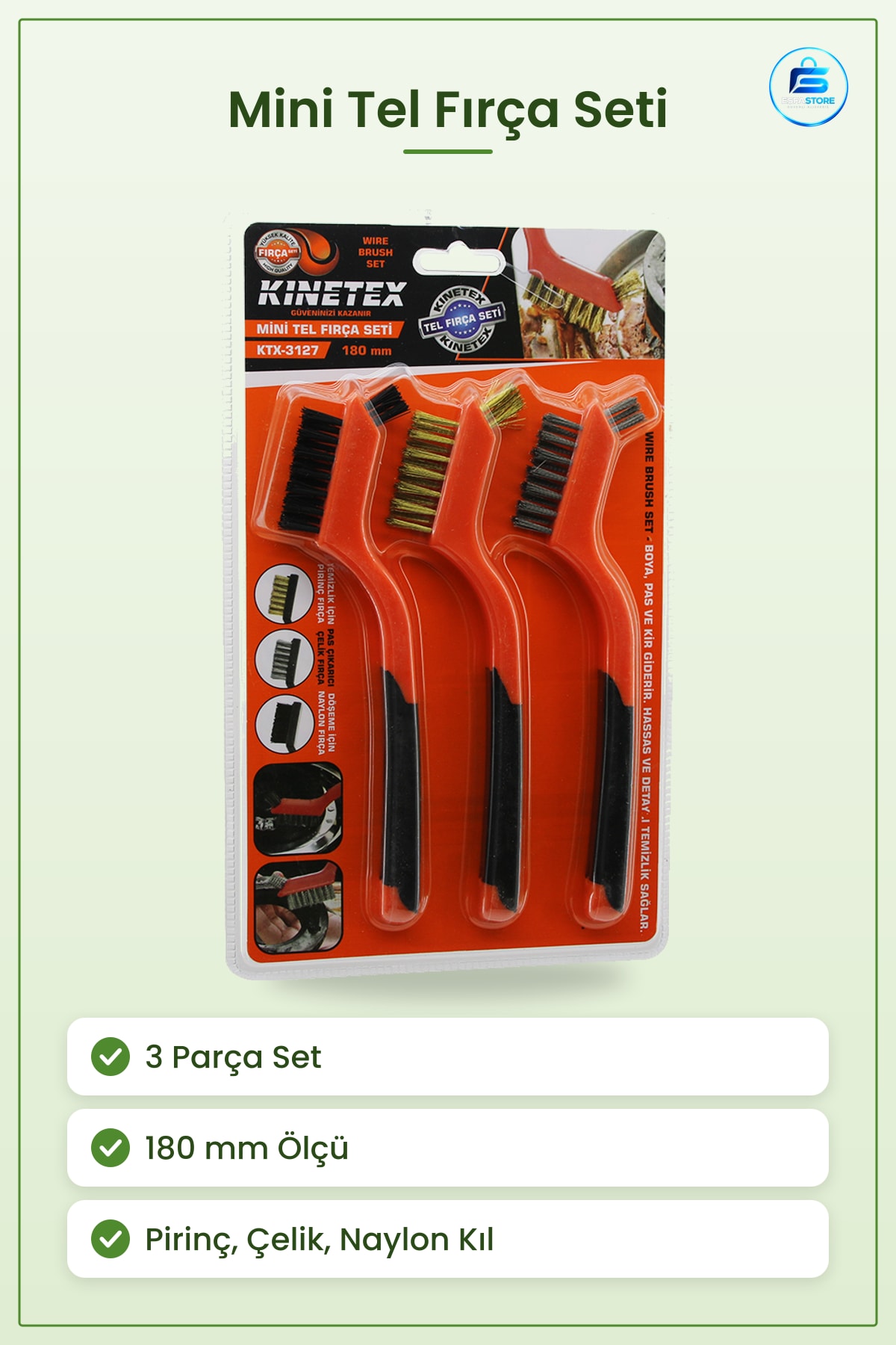 Mini Tel Fırça Seti 3 Parça 180 mm Pirinç Çelik ve Naylon Kıllı Temizlik Fırçası Pas Giderici