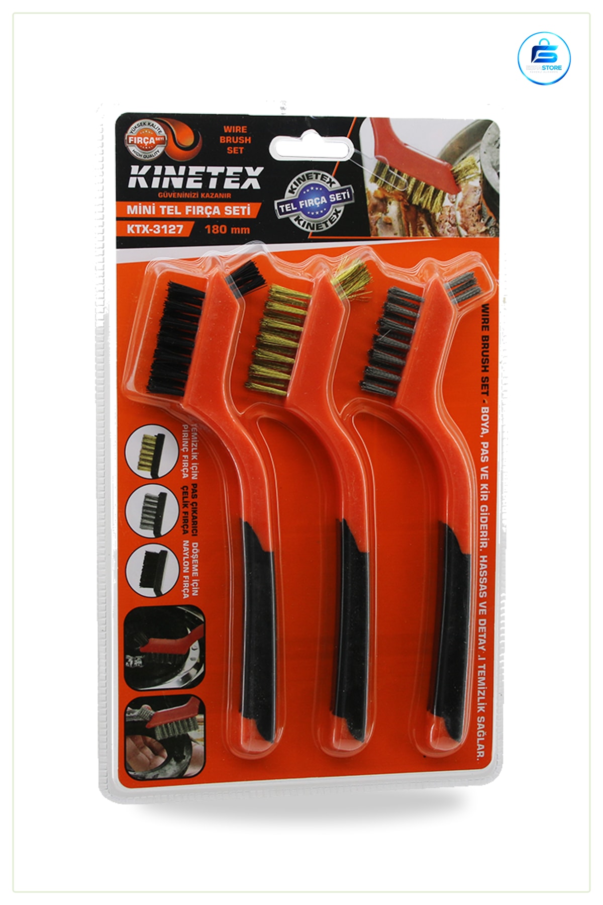 Mini Tel Fırça Seti 3 Parça 180 mm Pirinç Çelik ve Naylon Kıllı Temizlik Fırçası Pas Giderici