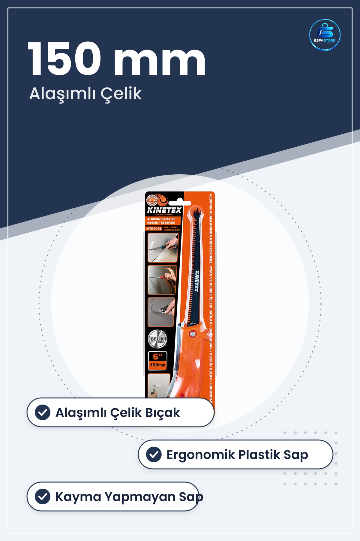 Alçıpan Oyma ve Kesme Testeresi 150 mm 6 inç Çelik Bıçak Ergonomik Sap Takılır Yuvarlak Hazır Duvar