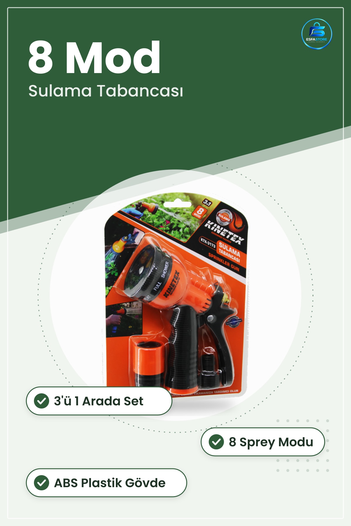 Sulama Başlıkları 3'ü 1 Arada 8 Modlu Tabanca Seti Bahçe Hortum Bağlantılı ABS Gövdeli Paslanmaz