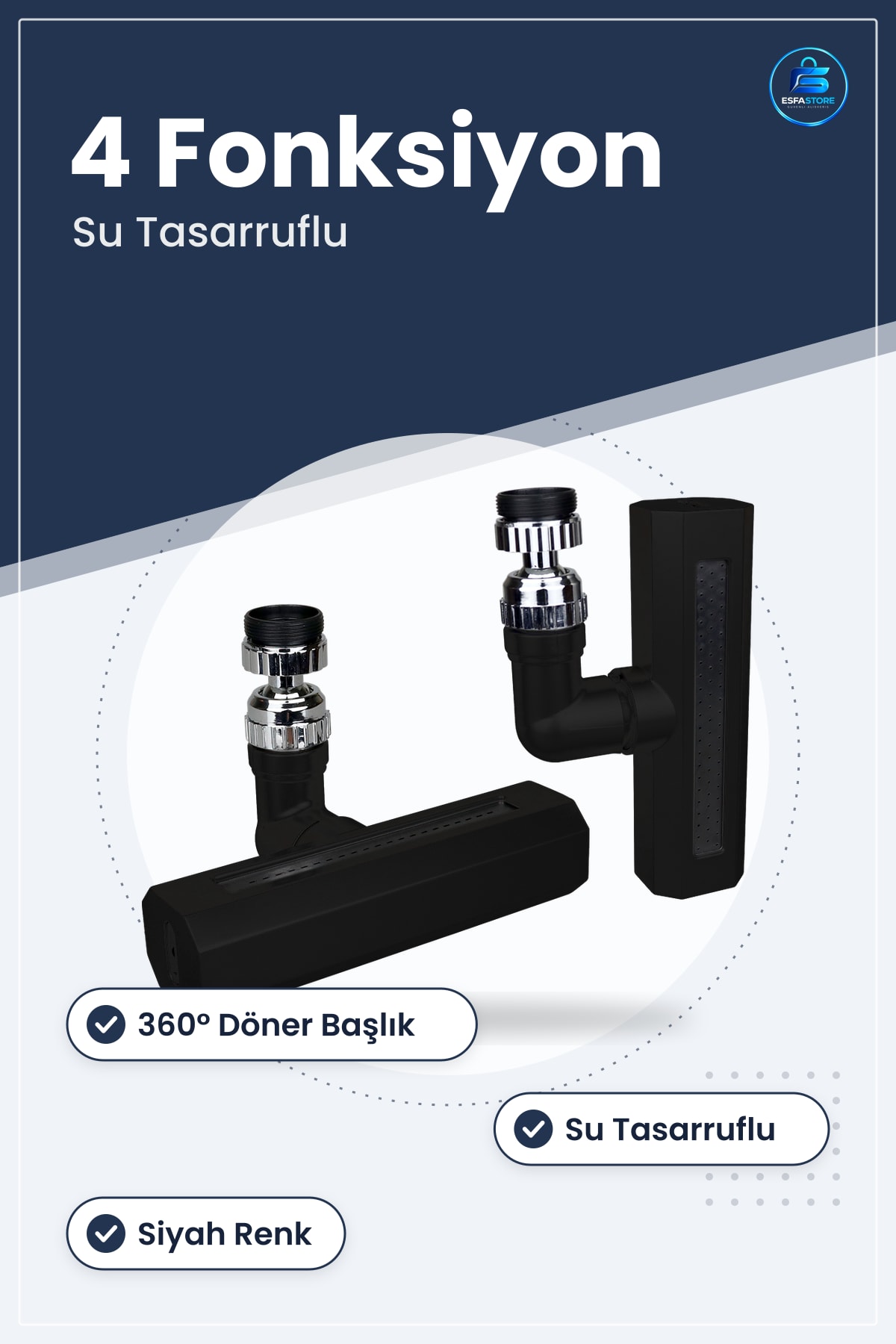 Perlatör Musluk Başlığı 4 Fonksiyonlu ° Döner Siyah Geniş Şelale Mutfak Banyo Su Tasarruflu