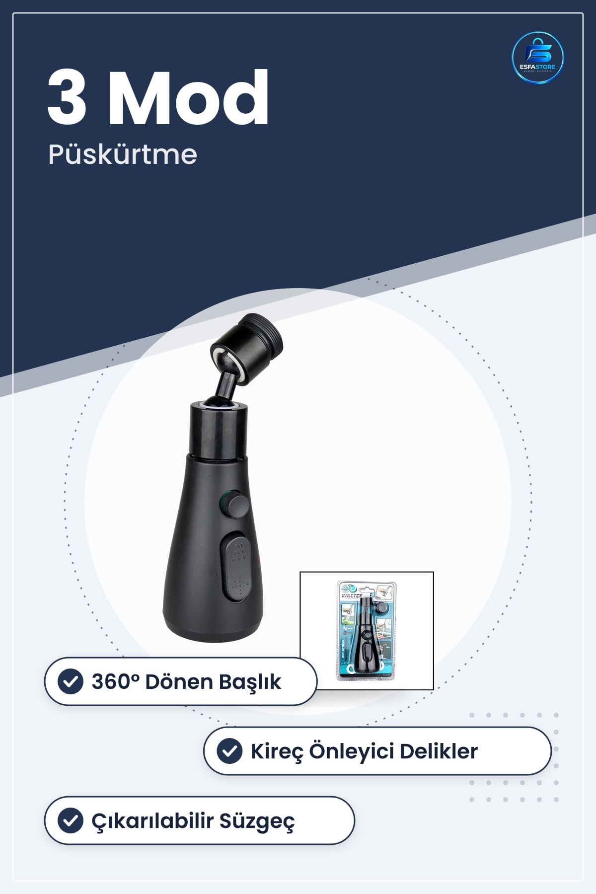 Musluk Başlığı ° Dönen 3 Mod Yağmur Püskürtme Siyah Mutfak Banyo Bahçe Ucu Kıreç Önleyici