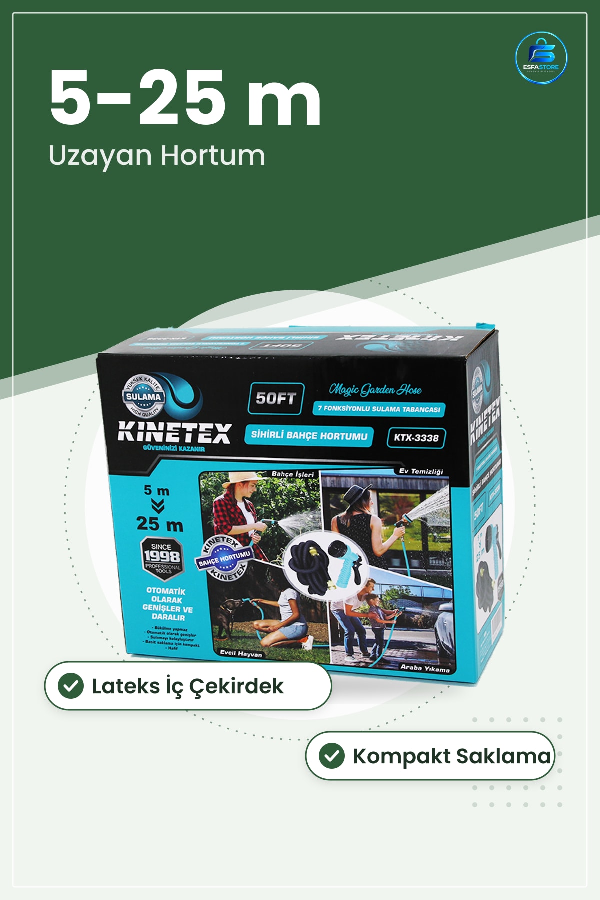 Sihirli Bahçe Hortumu 5 m 25 Uzayan Esnek Lateks İç Polyester Örgülü Sulama Kompakt Saklama