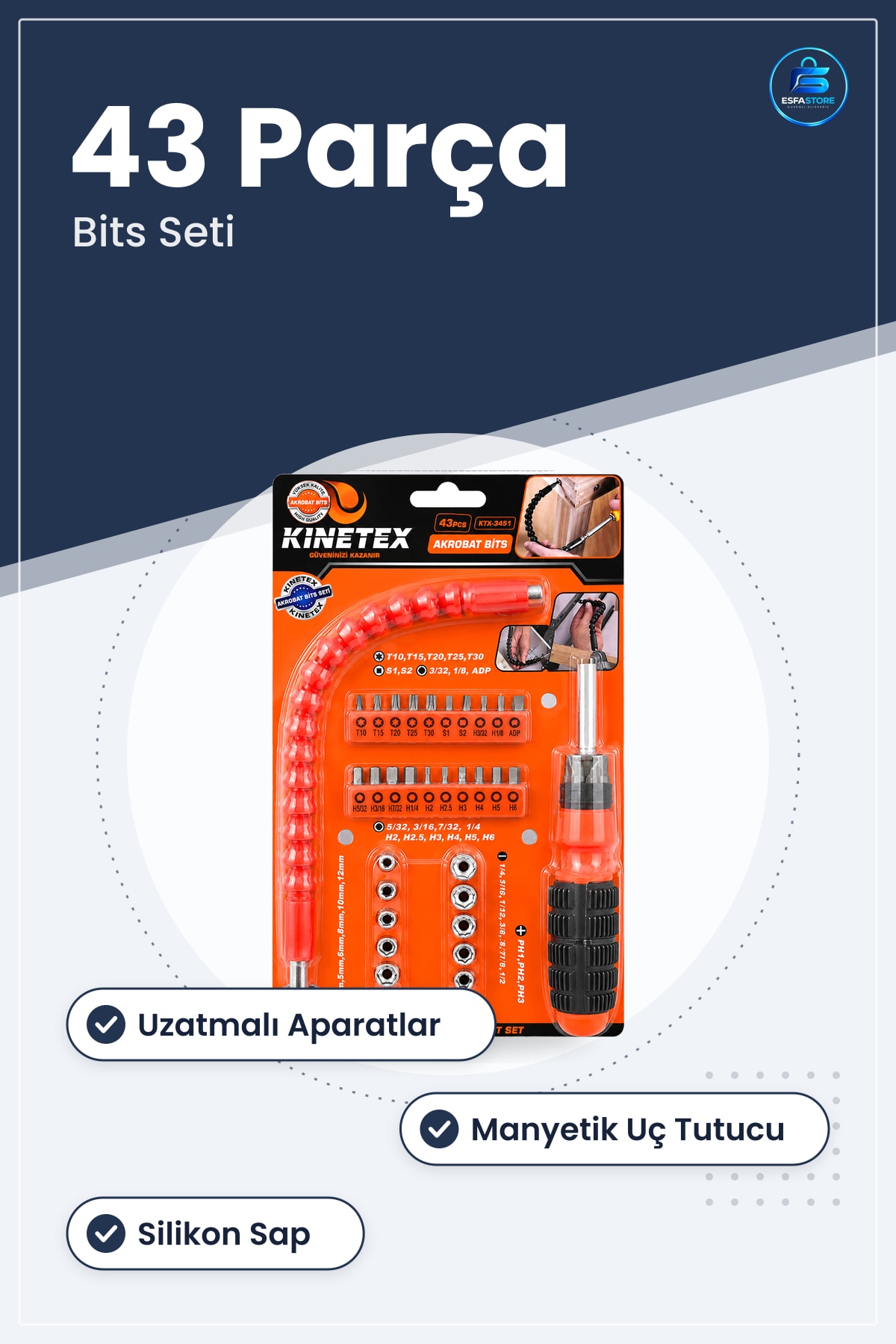 Tornavida Bits Seti 43 Parça Silikon Saplı Uzatmalı Manyetik Uç Tutucu Akrobat Hırdavat