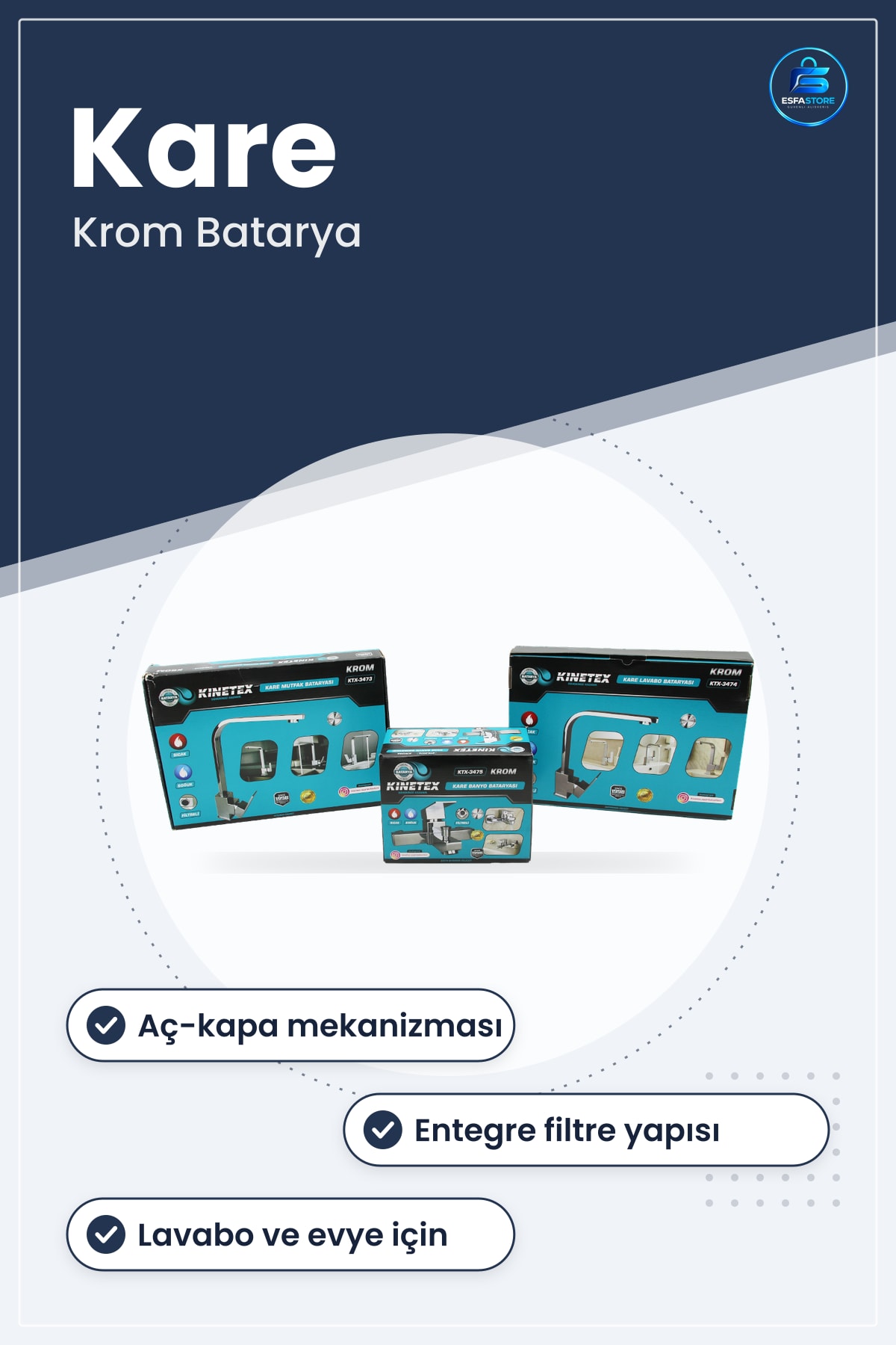 Kare Krom Banyo Bataryası Aç Kapa Filtreli Lavabo Evye Musluk Çizilmeye Dayanıklı Kaplama