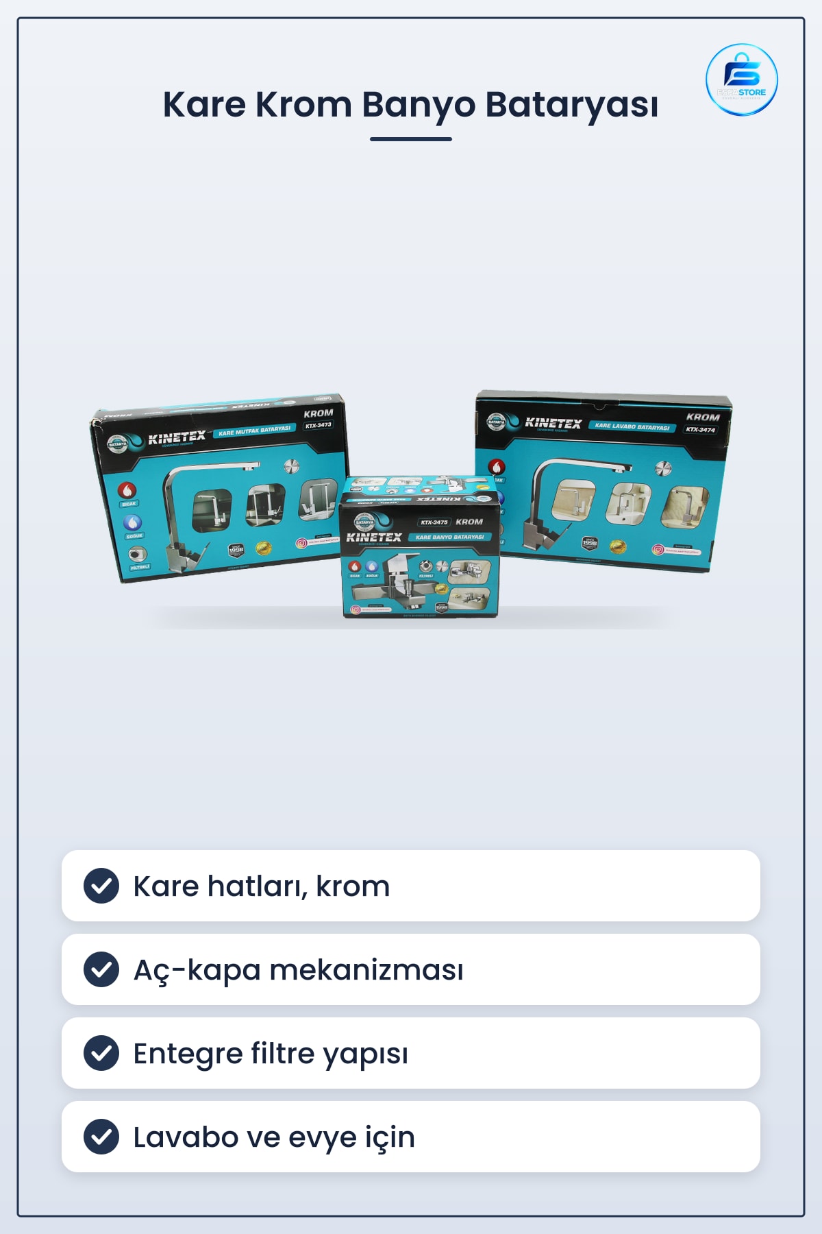 Kare Krom Banyo Bataryası Aç Kapa Filtreli Lavabo Evye Musluk Çizilmeye Dayanıklı Kaplama