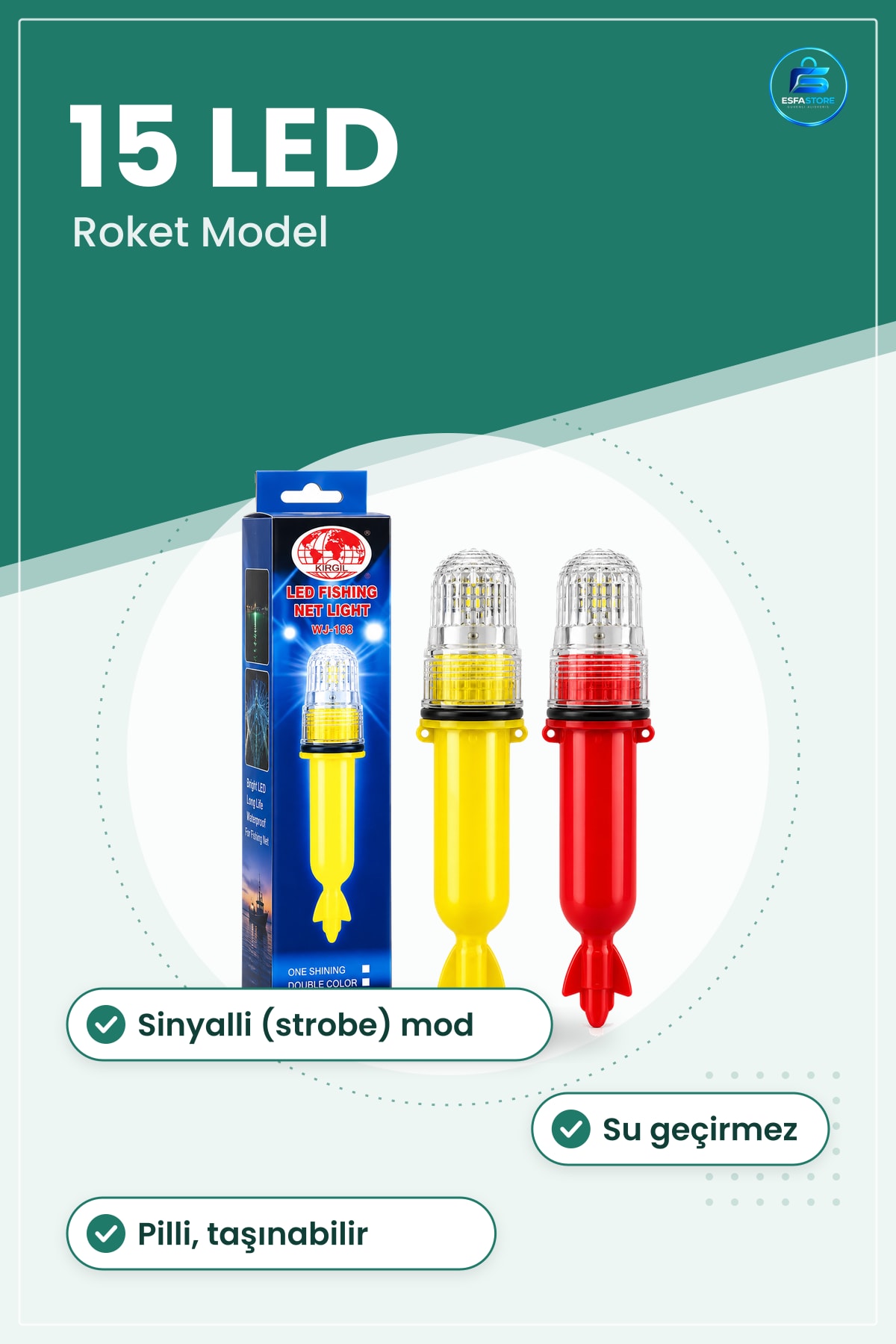 El Feneri Pilli 15 LED Balıkçı Domuz Avı Sinyalli Su Geçirmez Roket Model Kamp Aydınlatma