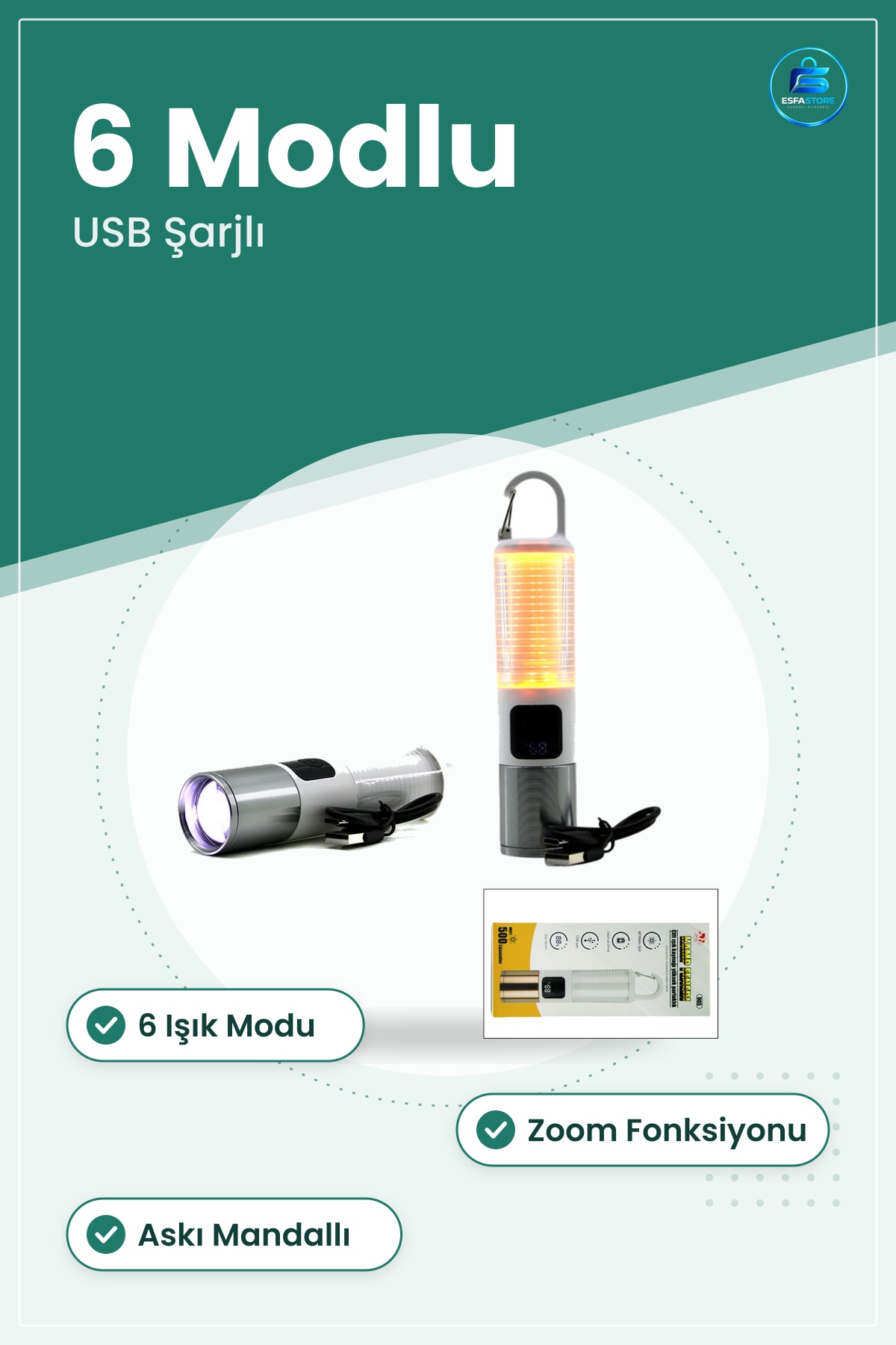 USB Şarjlı Zoom El Feneri 6 Modlu Kamp Laftı Aydınlatma Taşınabilir Çok Amaçlı Asklı Mandallı Acil