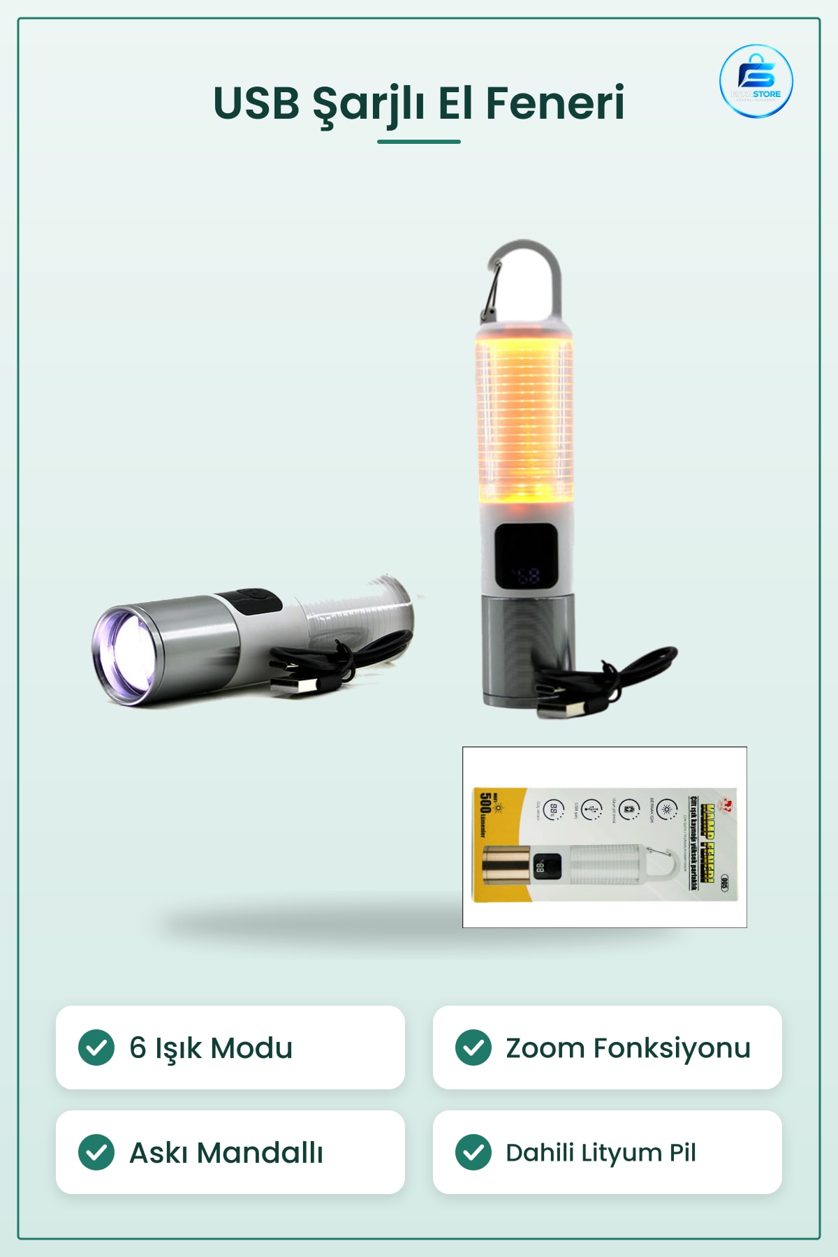 USB Şarjlı Zoom El Feneri 6 Modlu Kamp Laftı Aydınlatma Taşınabilir Çok Amaçlı Asklı Mandallı Acil