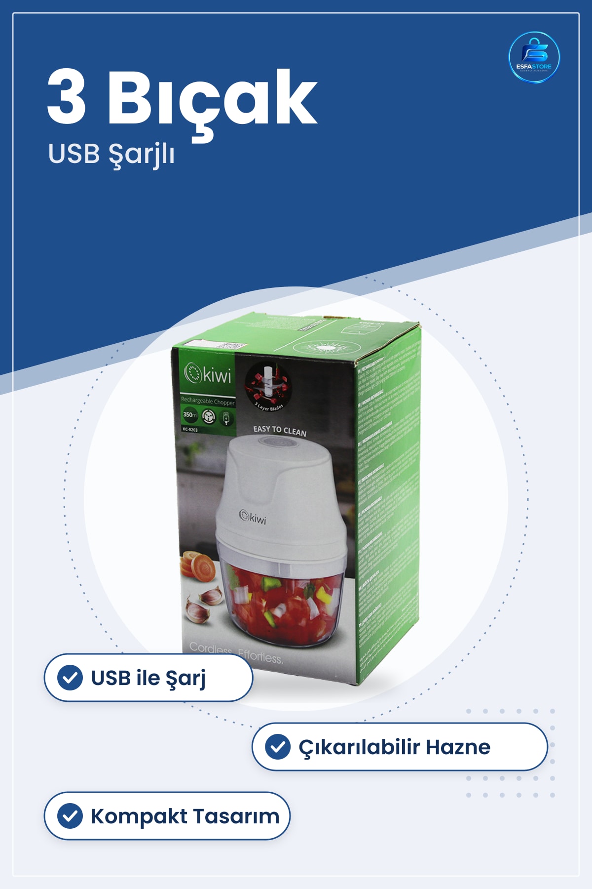 Mini Blender USB Şarjlı 3 Bıçaklı Gıda Doğrayıcı Taşınabilir Mutfak Kompakt Smoothie Sos Hazırlama