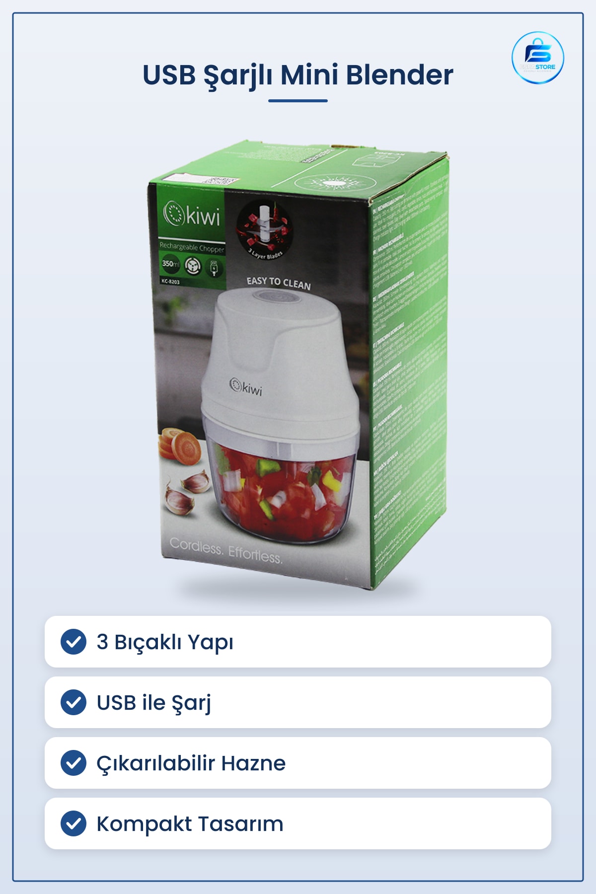 Mini Blender USB Şarjlı 3 Bıçaklı Gıda Doğrayıcı Taşınabilir Mutfak Kompakt Smoothie Sos Hazırlama
