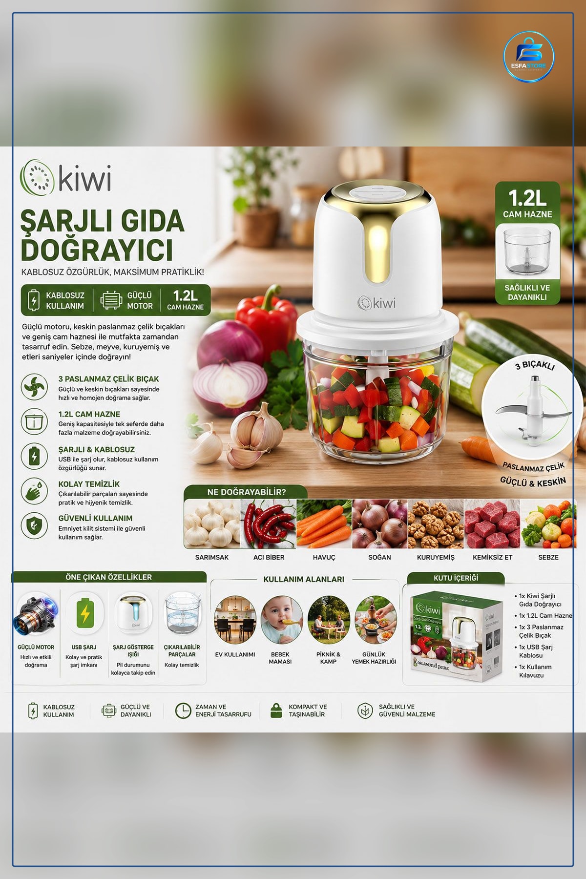 USB Type C Şarjlı Kişisel Blender Mini 3 Bıçak 1.2L Mika Hazneli Mutfak Smoothie Doğrayıcı