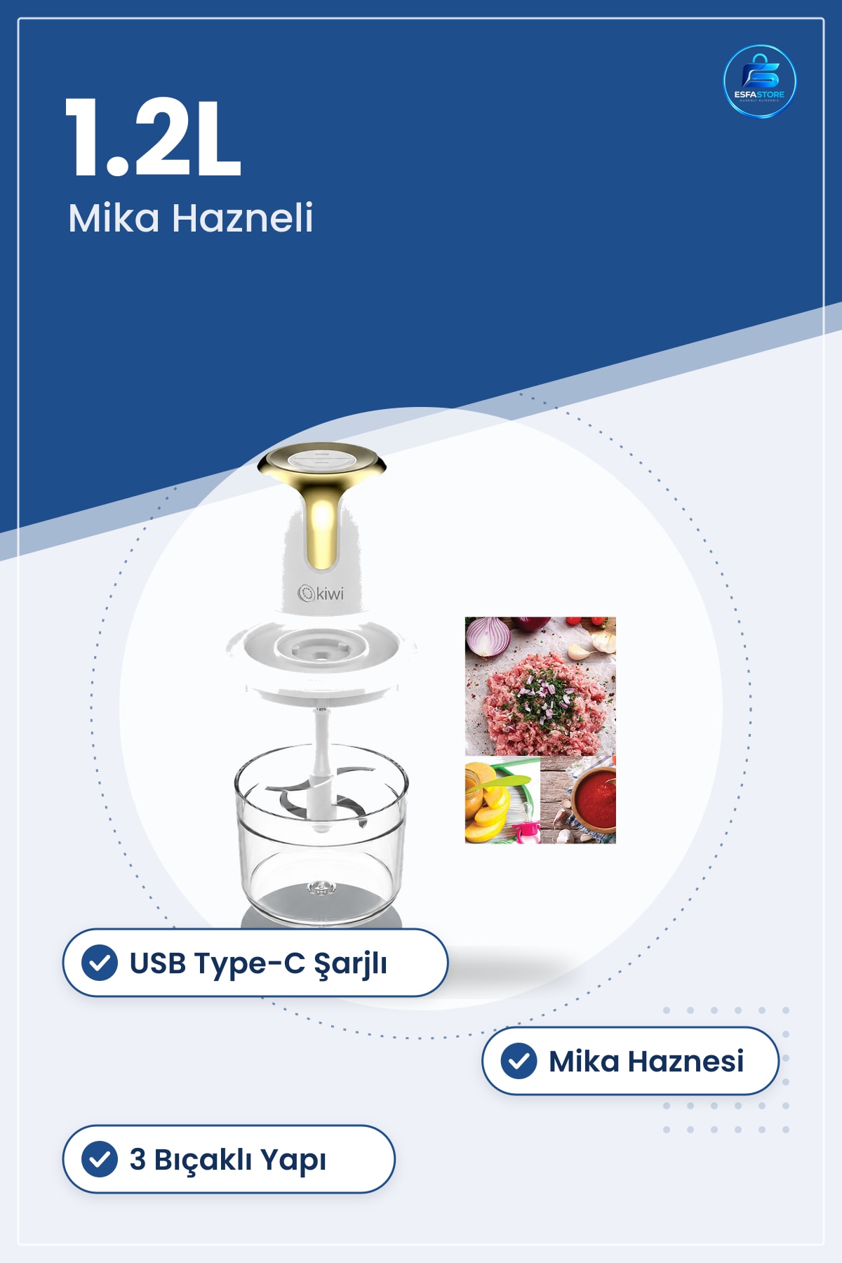 USB Type C Şarjlı Kişisel Blender Mini 3 Bıçak 1.2L Mika Hazneli Mutfak Smoothie Doğrayıcı