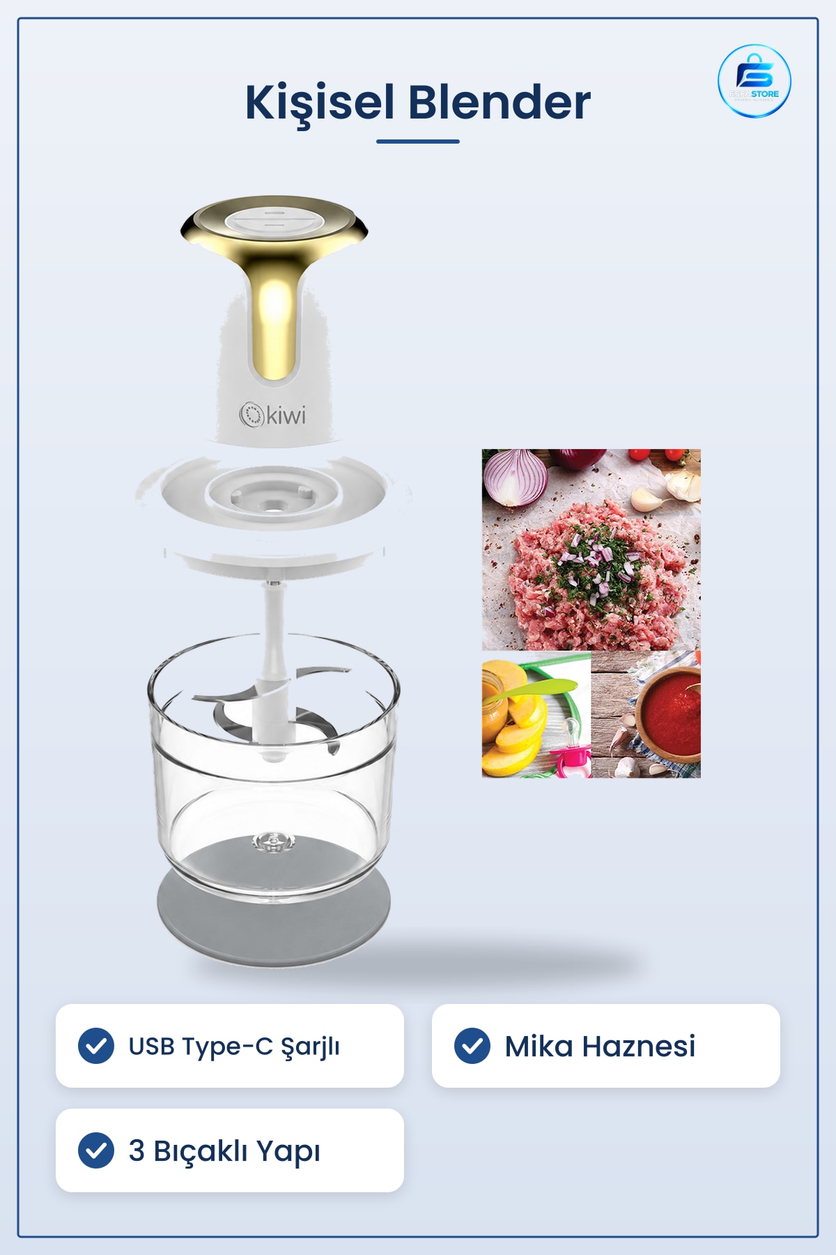 USB Type C Şarjlı Kişisel Blender Mini 3 Bıçak 1.2L Mika Hazneli Mutfak Smoothie Doğrayıcı