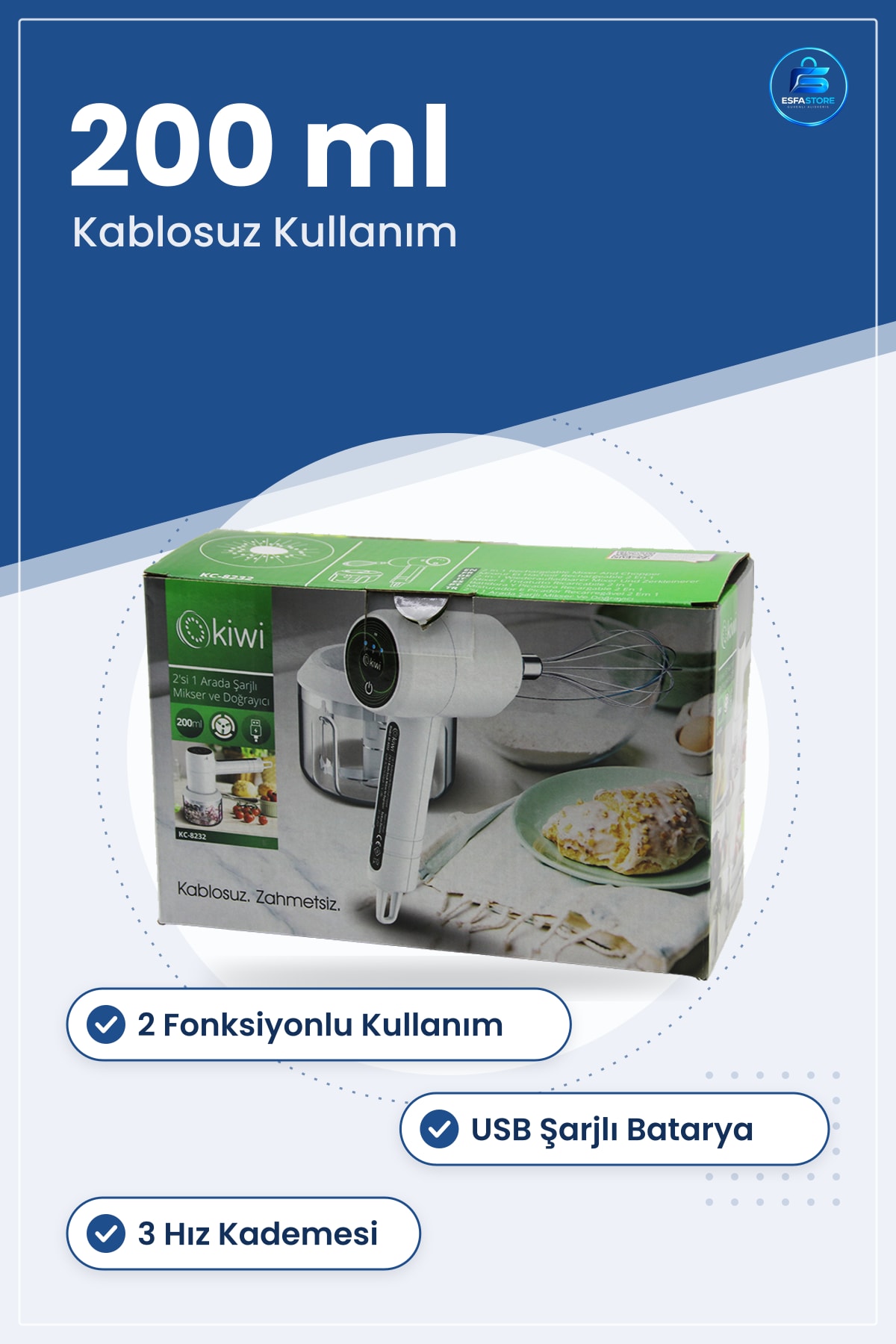 Mikser ve Doğrayıcı 2in1 USB Şarjlı 200ml 20W 1500mAh El Mikseri Mutfak Taşınabilir Kablosuz