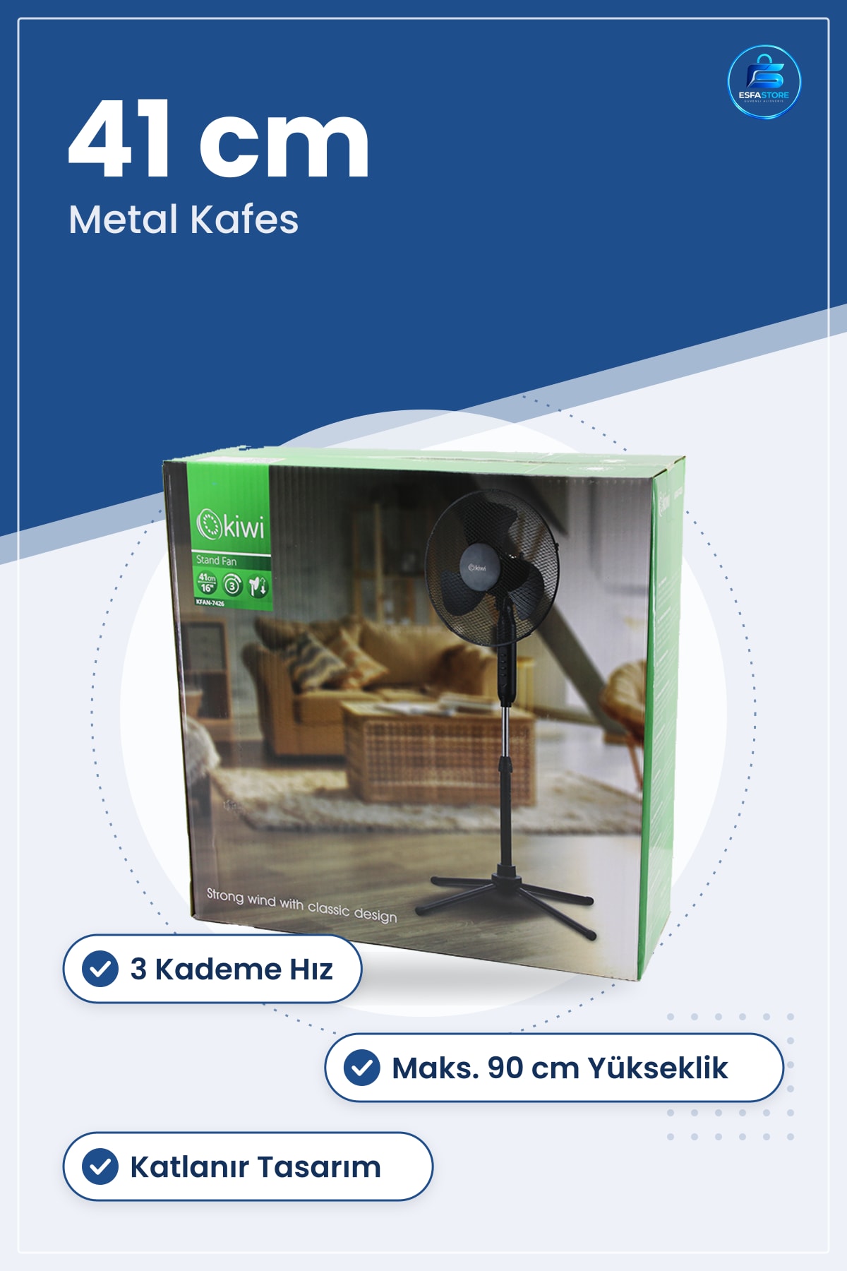 Vantilatör 16 inç 41 cm Ayaklı Teleskopik Katlanır Metal Kafes 3 Kademe Ev Ofis Serinletici
