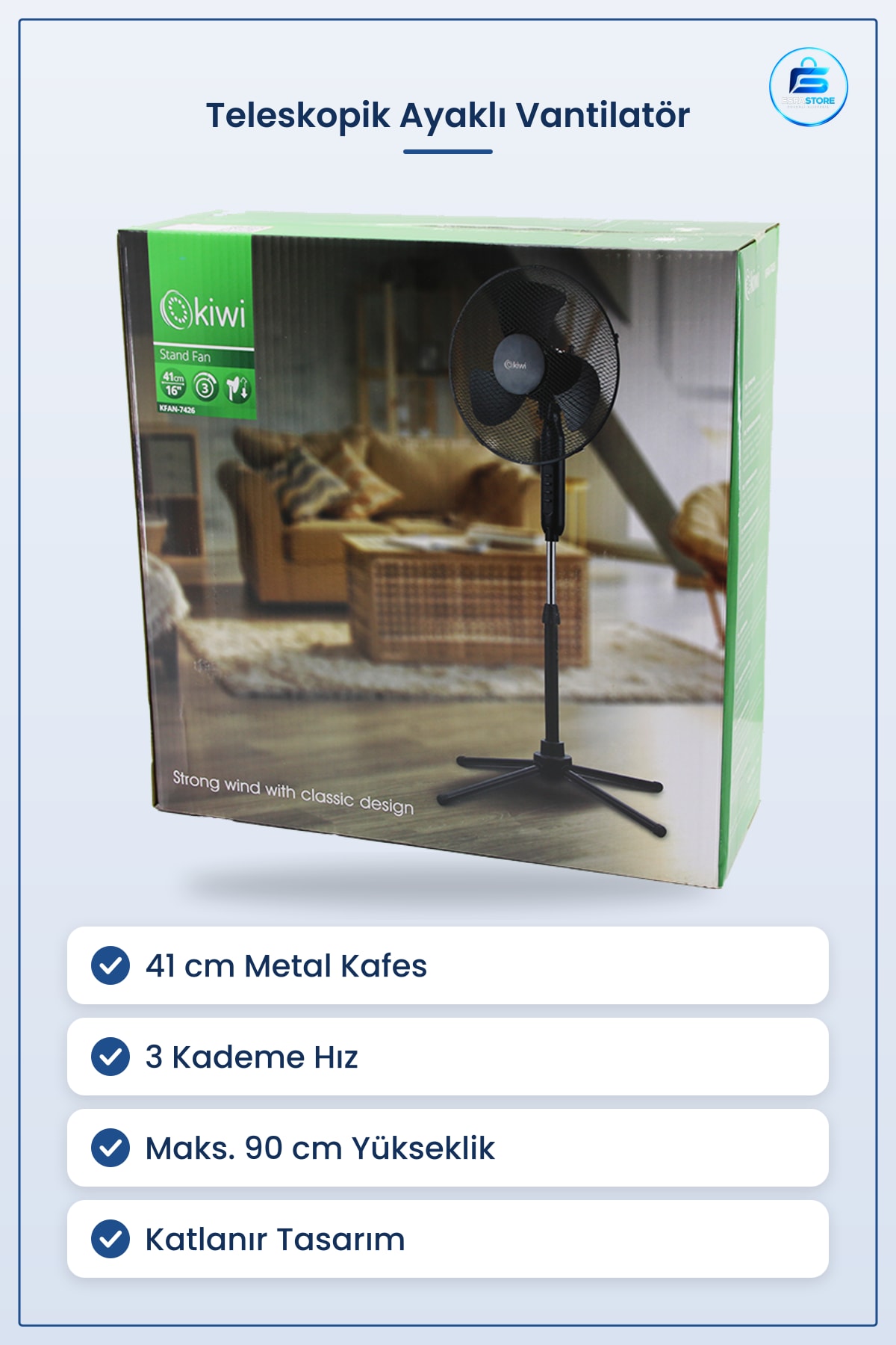 Vantilatör 16 inç 41 cm Ayaklı Teleskopik Katlanır Metal Kafes 3 Kademe Ev Ofis Serinletici