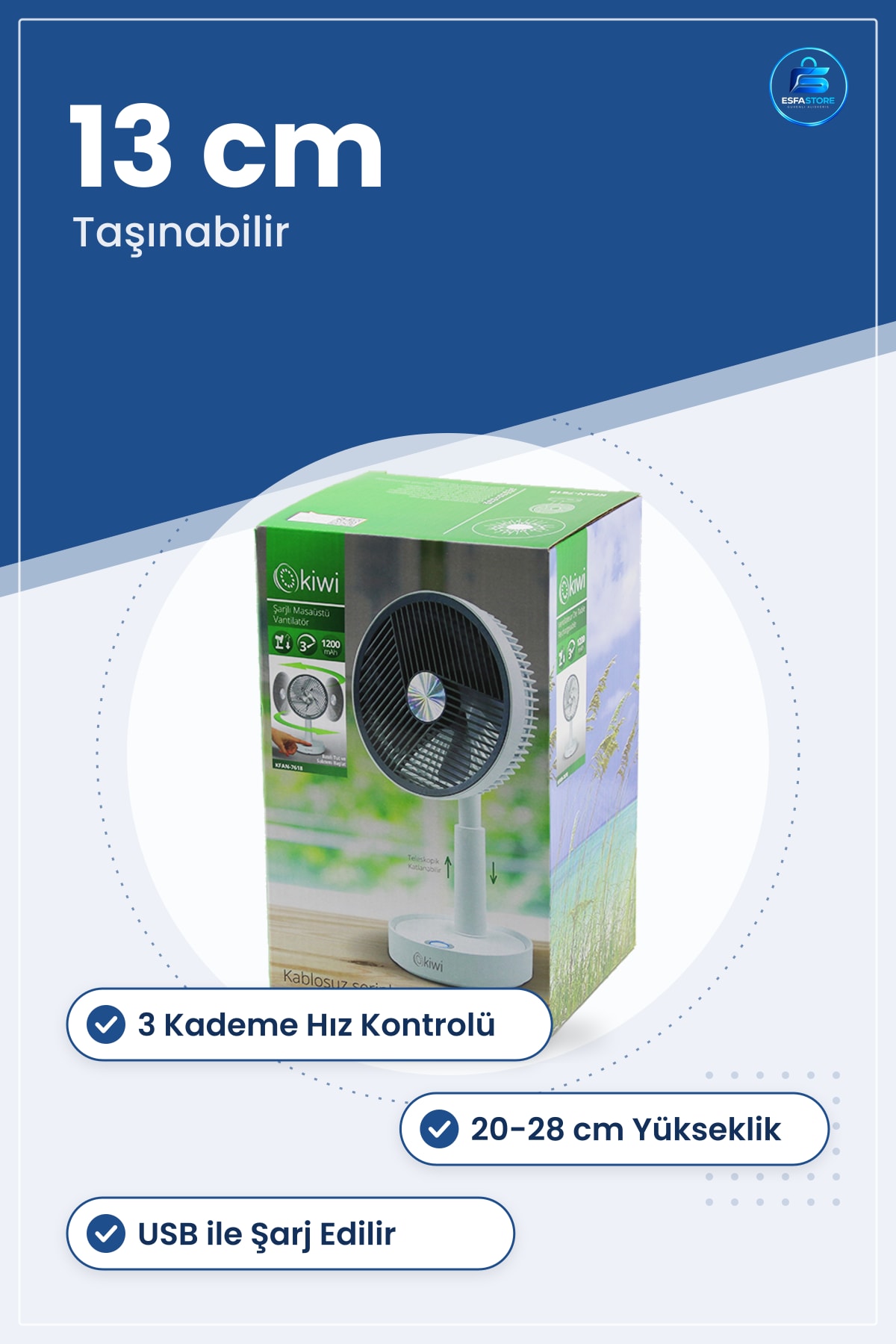 USB Şarjlı Masaüstü Vantilatör 13 cm 3 Kademe Ayarlı Yükseklik Taşınabilir Ofis Ev Kullanımı