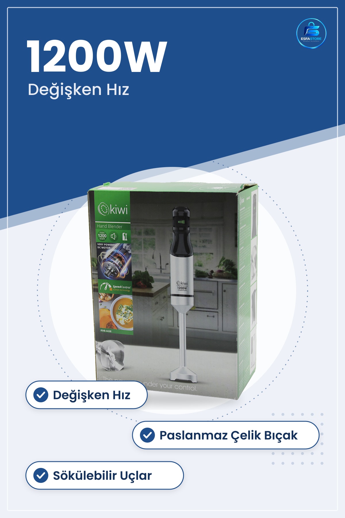 Çubuk El Blender 1200W Değişken Hız Çelik Bıçak Mutfak Çorba Püre Sökülebilir Seti