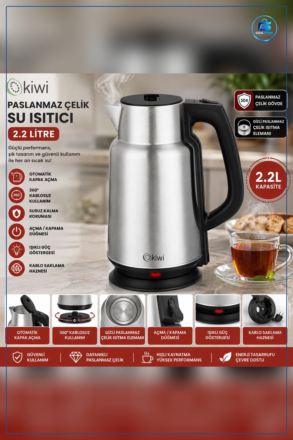 Elektrikli Su Isıtıcı Kettle 2.2L 1500W Paslanmaz Çelik Gizli Rezistans ° Döner Taban Mutfak