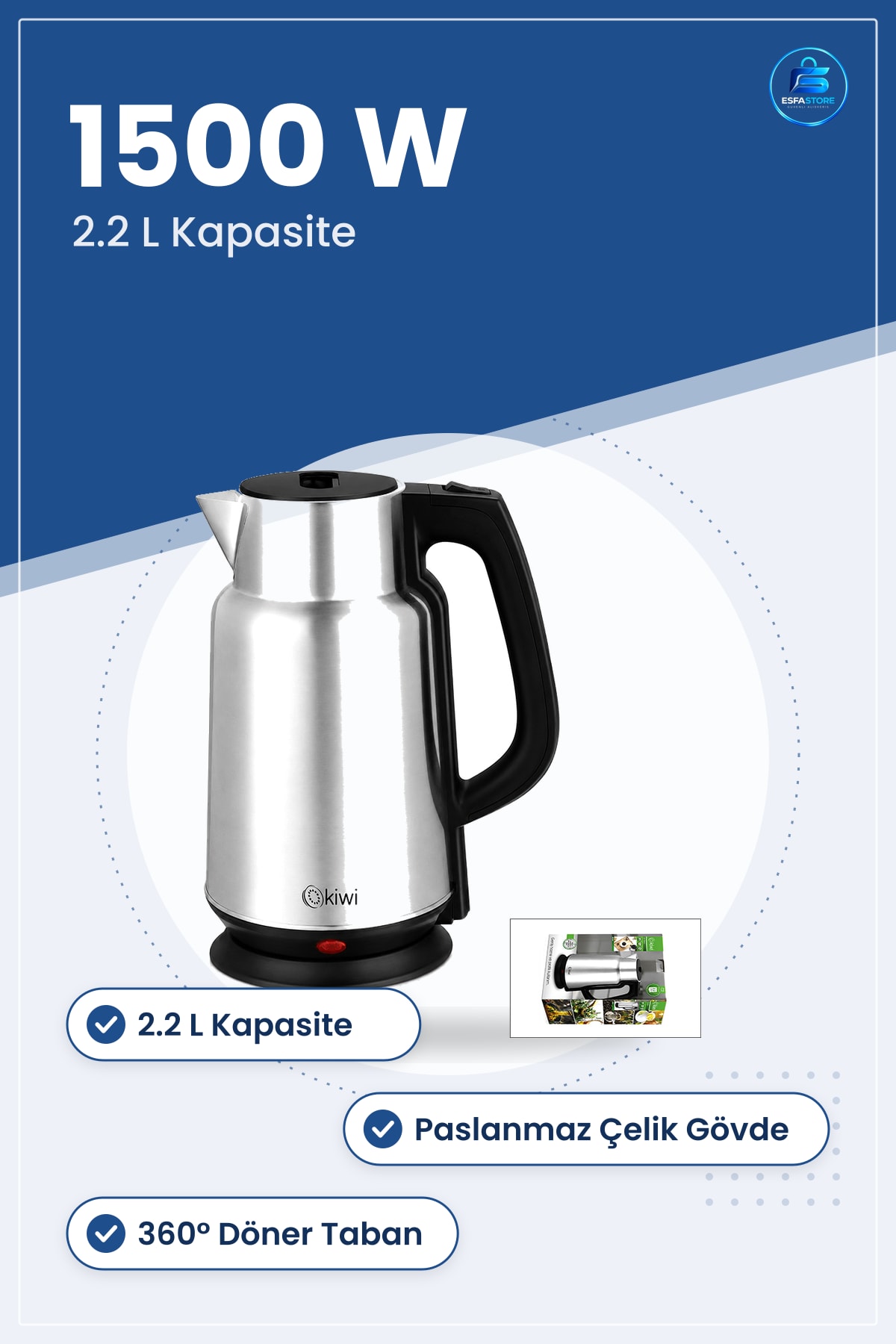 Elektrikli Su Isıtıcı Kettle 2.2L 1500W Paslanmaz Çelik Gizli Rezistans ° Döner Taban Mutfak