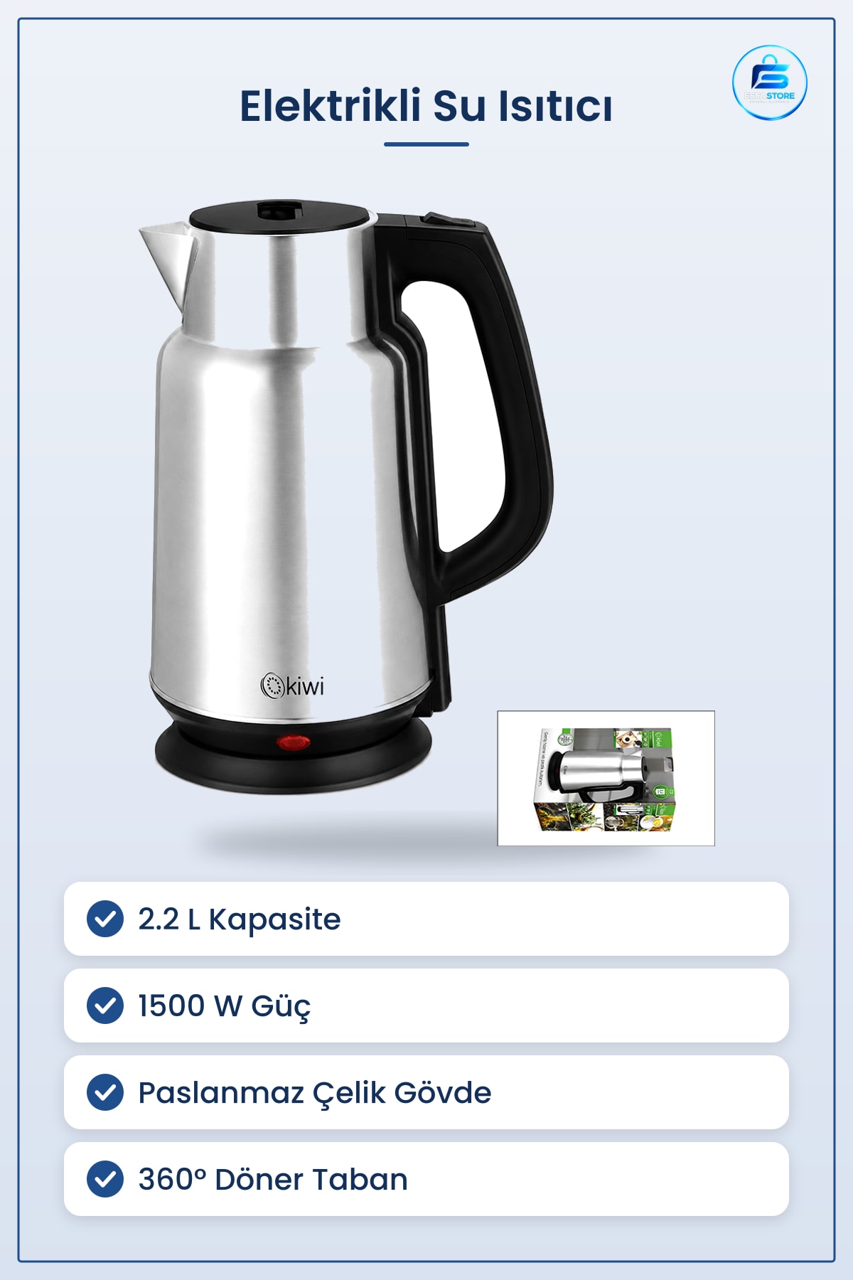 Elektrikli Su Isıtıcı Kettle 2.2L 1500W Paslanmaz Çelik Gizli Rezistans ° Döner Taban Mutfak