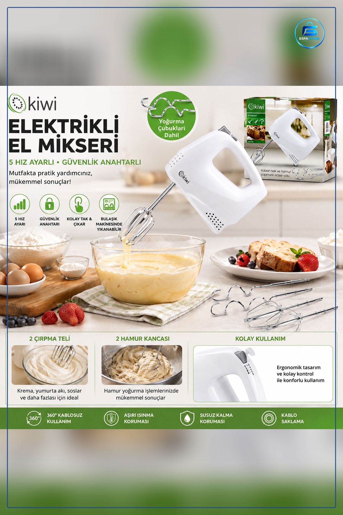 Elektrikli El Mikser 5 Kademe Hız 2 Metal Çırpıcı Hamur Kancası Paslanmaz Mutfak Kek Krema
