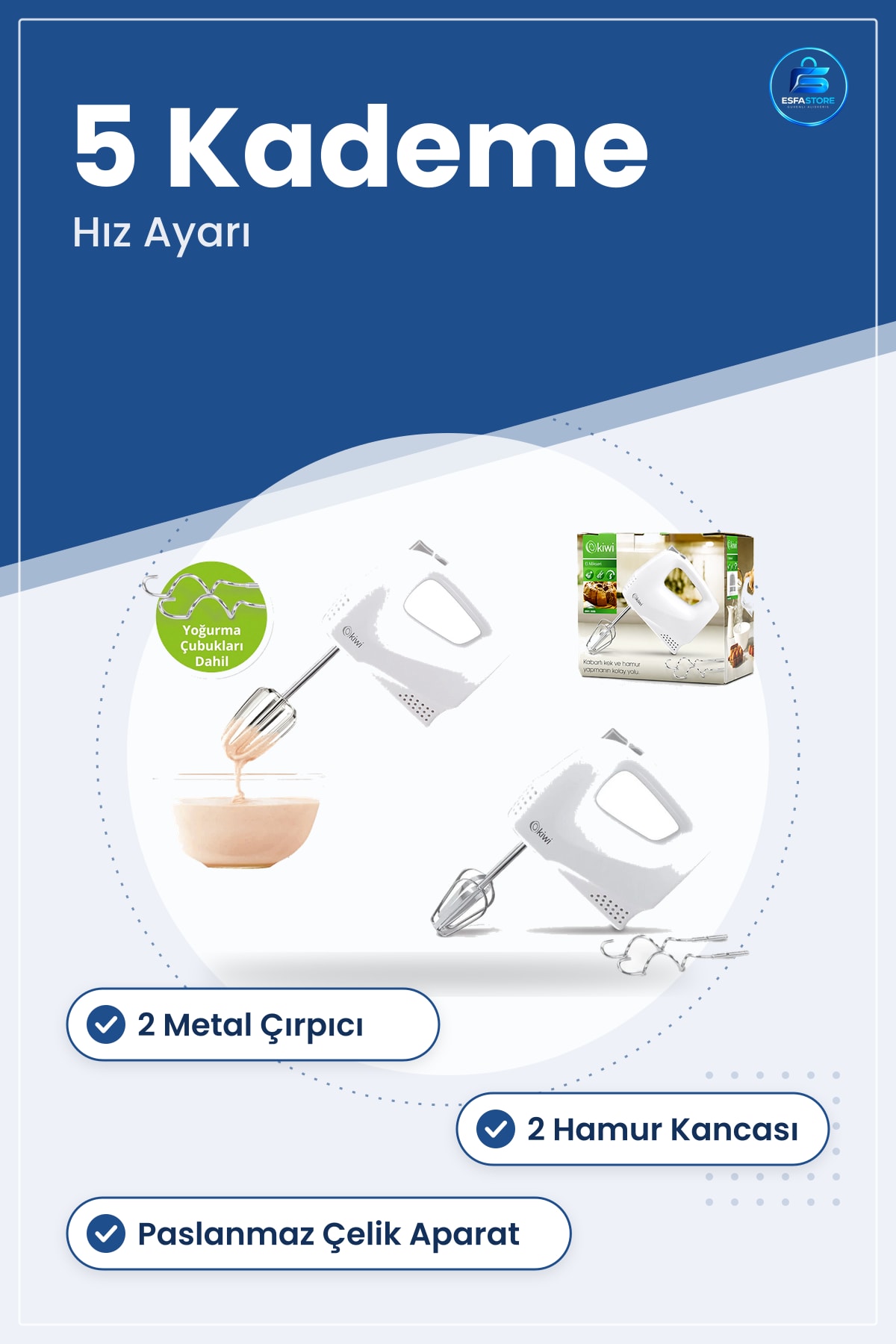 Elektrikli El Mikser 5 Kademe Hız 2 Metal Çırpıcı Hamur Kancası Paslanmaz Mutfak Kek Krema