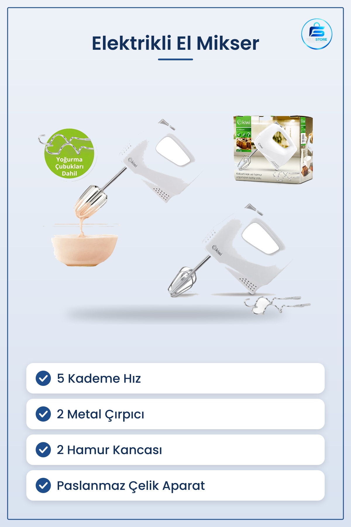 Elektrikli El Mikser 5 Kademe Hız 2 Metal Çırpıcı Hamur Kancası Paslanmaz Mutfak Kek Krema