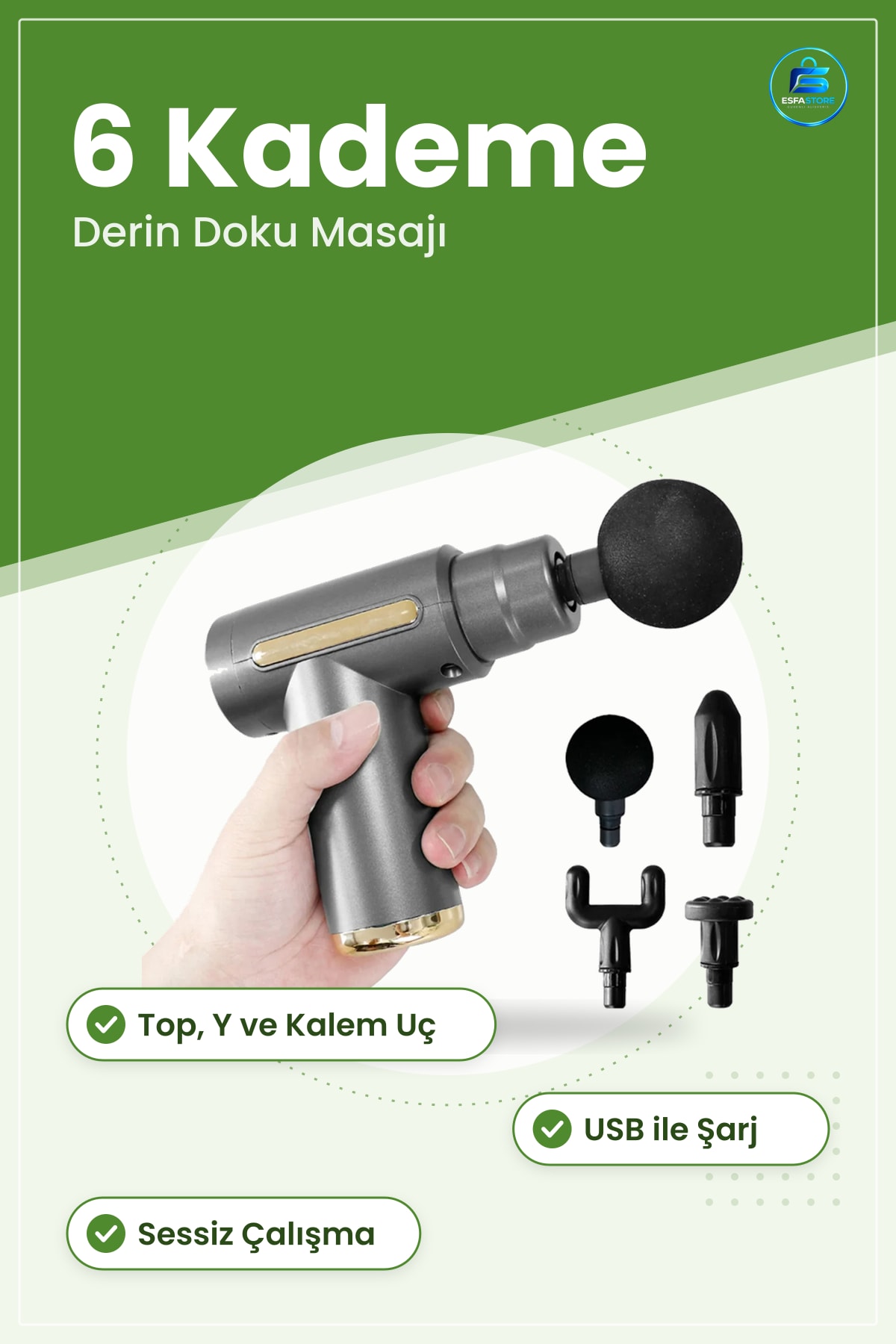 Şarjlı Masaj Tabancası 6 Kademe Kas Aleti Derin Doku Çoklu Uç Taşınabilir Sessiz