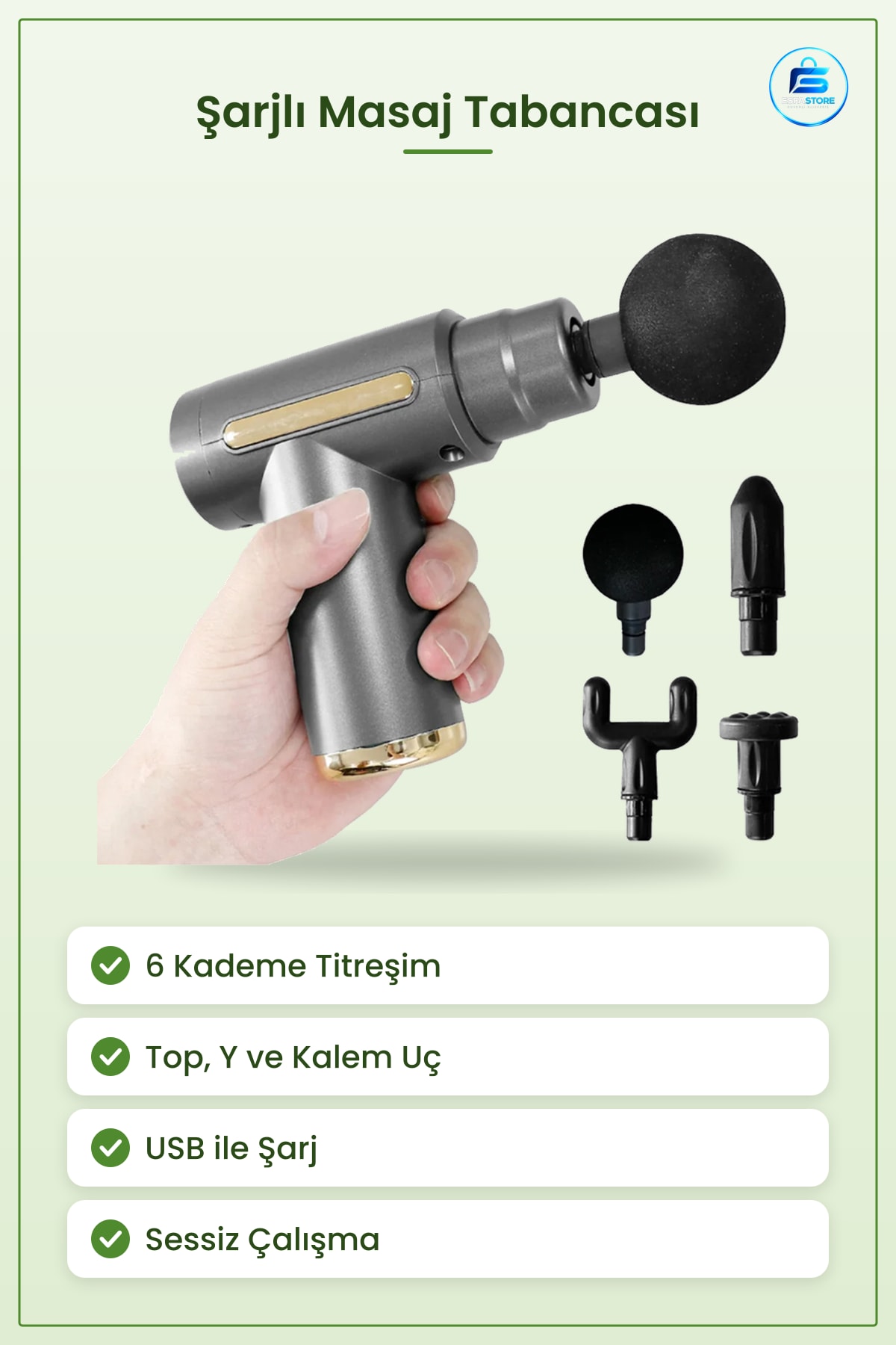 Şarjlı Masaj Tabancası 6 Kademe Kas Aleti Derin Doku Çoklu Uç Taşınabilir Sessiz