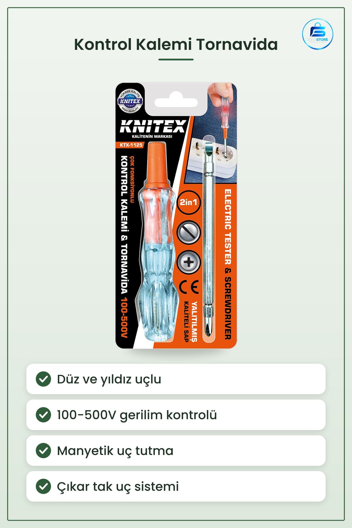 Kontrol Kalemi Tornavida 2in1 Düz ve Yıldız Uçlu ila 500V Elektrik Gerilim Ölçüm Cihazı
