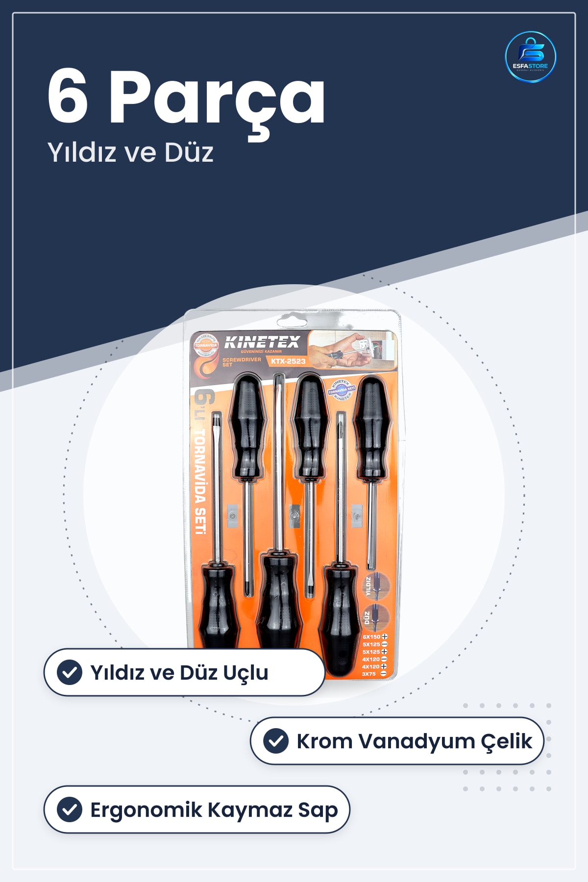 Tornavida Seti 6 Parça Yıldız ve Düz Krom Vanadyum Çelik Ergonomik Sap Kullanışlı