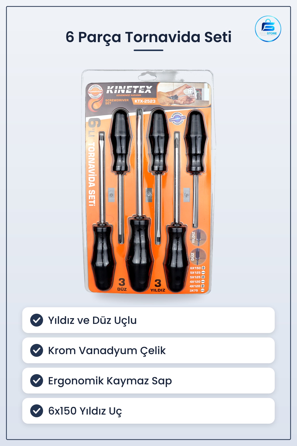 Tornavida Seti 6 Parça Yıldız ve Düz Krom Vanadyum Çelik Ergonomik Sap Kullanışlı