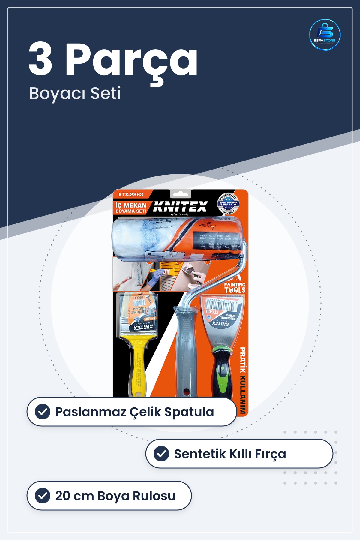 3 Parça Boyacı Seti Spatula Kestirme Fırça 20 cm Boya Rulo İç Cephe Macun Sıva Düzeltme