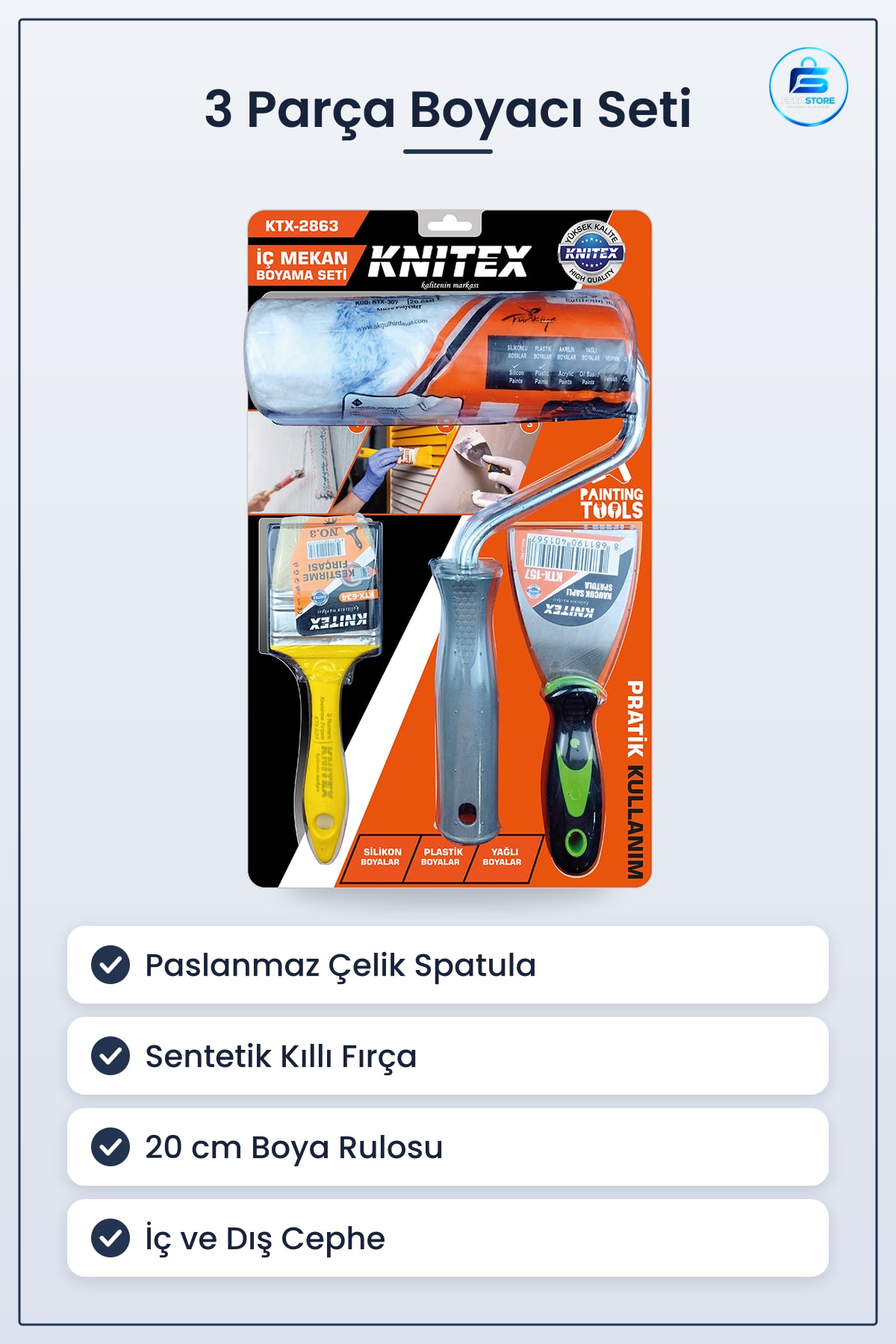 3 Parça Boyacı Seti Spatula Kestirme Fırça 20 cm Boya Rulo İç Cephe Macun Sıva Düzeltme