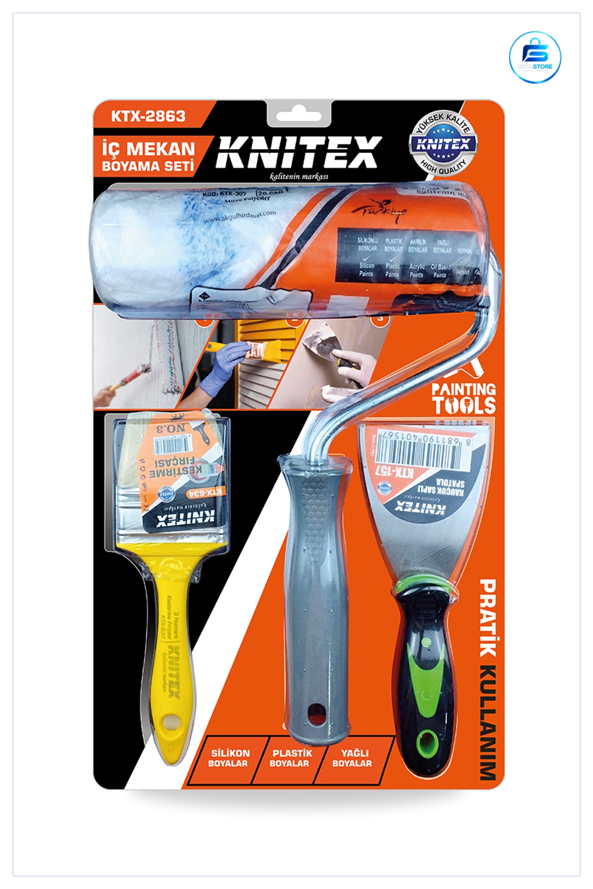 3 Parça Boyacı Seti Spatula Kestirme Fırça 20 cm Boya Rulo İç Cephe Macun Sıva Düzeltme