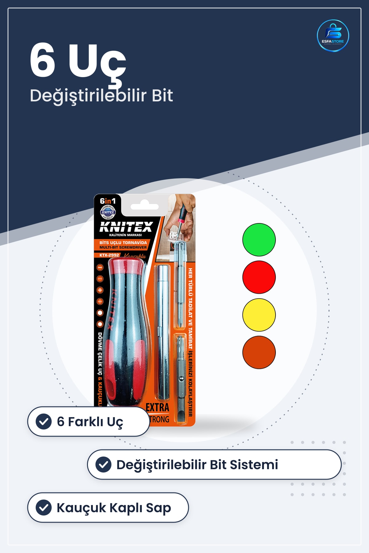 Bits Uçlu Tornavida 6 in 1 Kauçuk Saplı Değiştirilebilir Tamirat Montaj Elektronik Ev Atölye