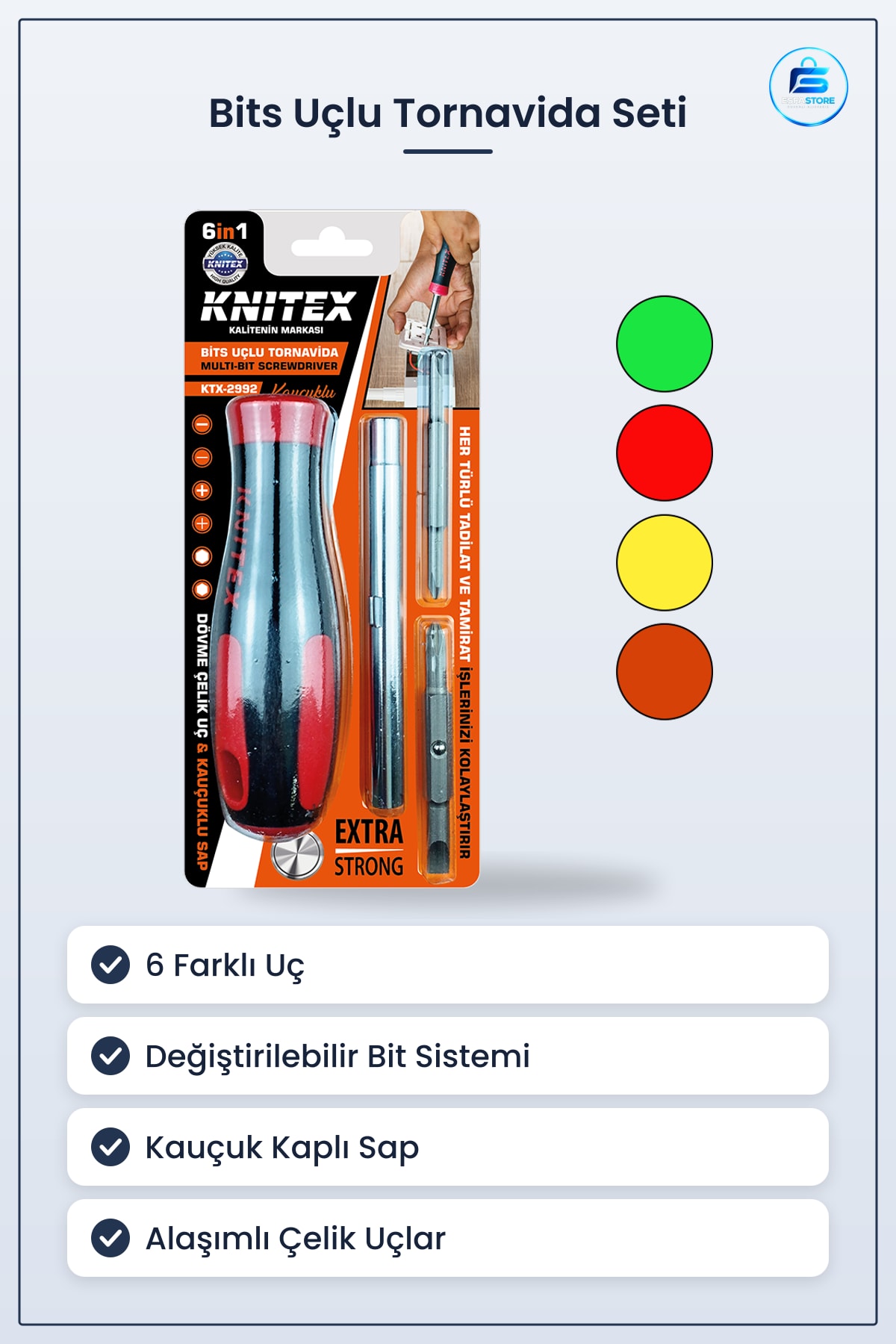 Bits Uçlu Tornavida 6 in 1 Kauçuk Saplı Değiştirilebilir Tamirat Montaj Elektronik Ev Atölye