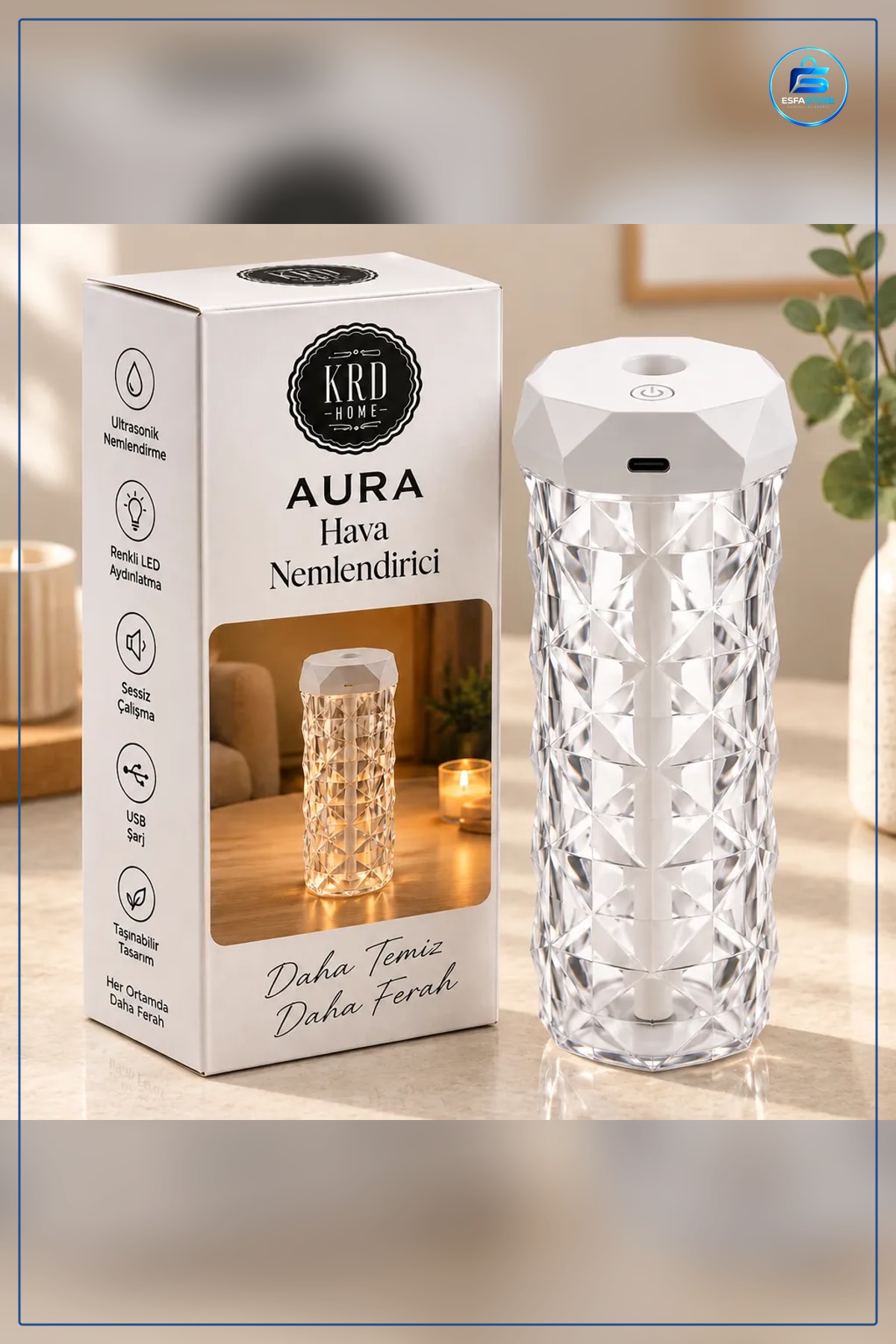 Kristal Hava Nemlendirici Ultrasonik Taşınabilir USB Şarjlı Renkli LED Aydınlatmalı Koku Giderici
