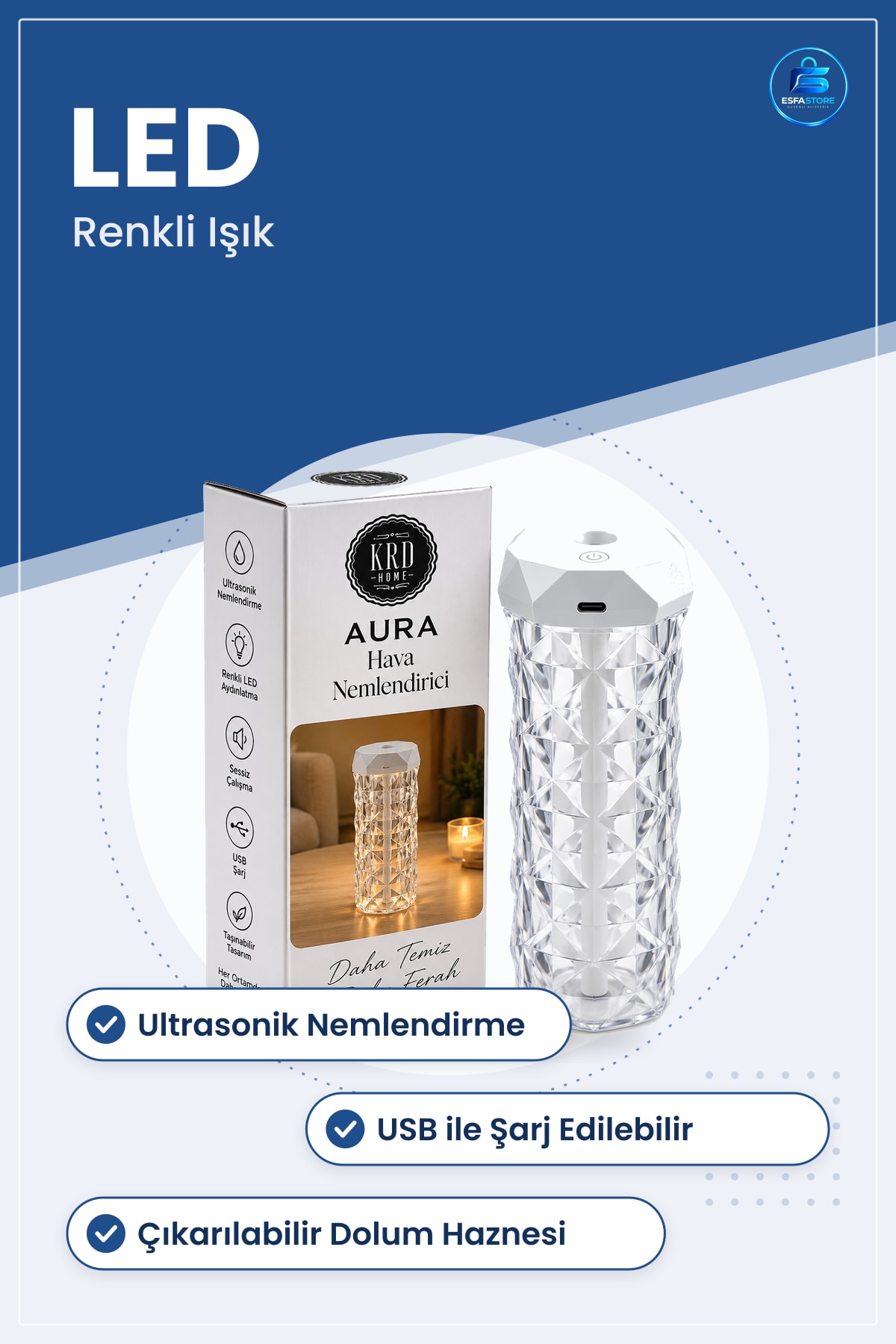 Kristal Hava Nemlendirici Ultrasonik Taşınabilir USB Şarjlı Renkli LED Aydınlatmalı Koku Giderici
