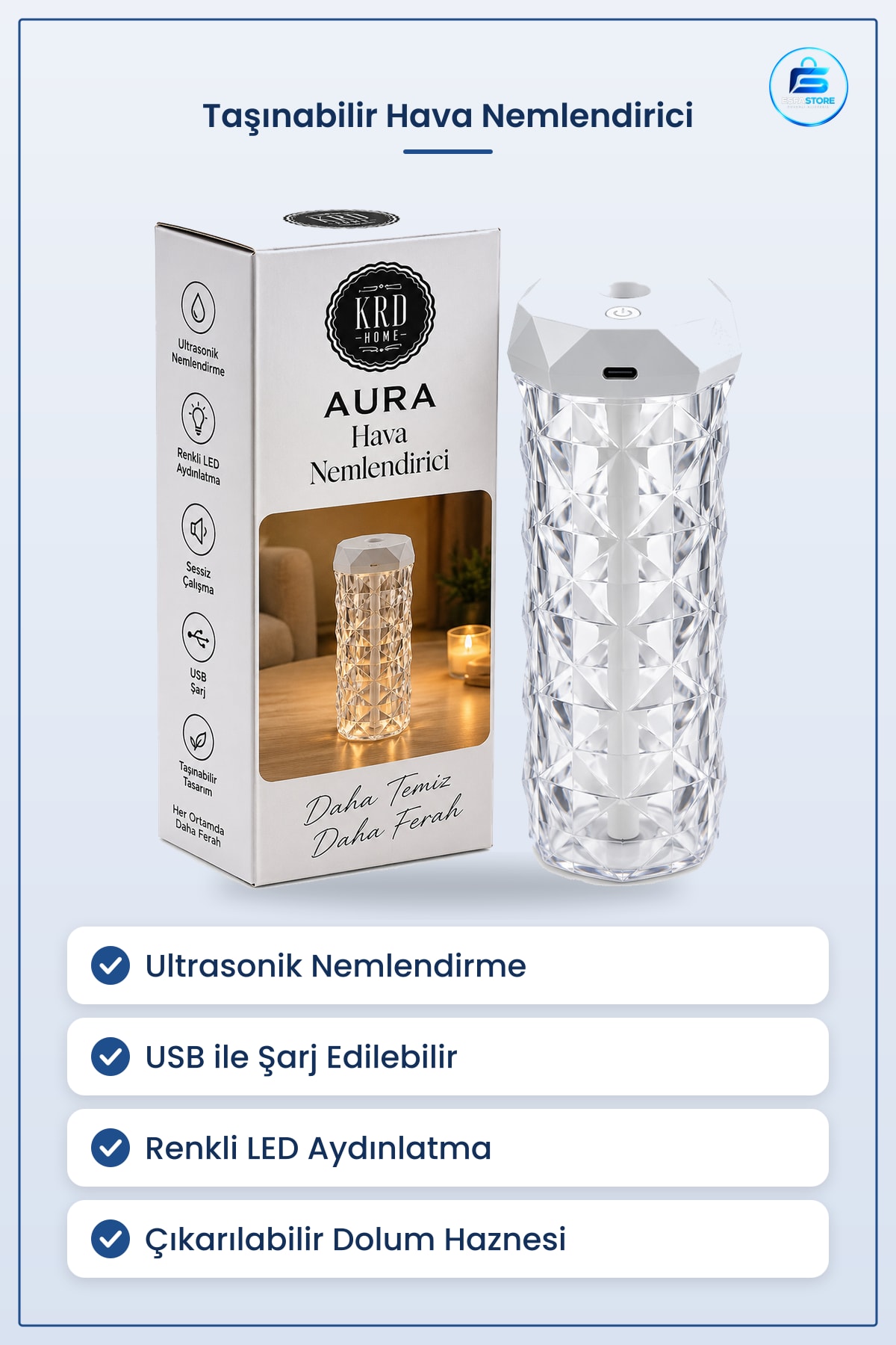 Kristal Hava Nemlendirici Ultrasonik Taşınabilir USB Şarjlı Renkli LED Aydınlatmalı Koku Giderici