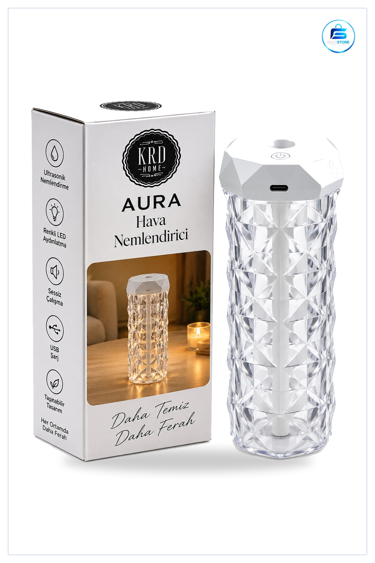 Kristal Hava Nemlendirici Ultrasonik Taşınabilir USB Şarjlı Renkli LED Aydınlatmalı Koku Giderici