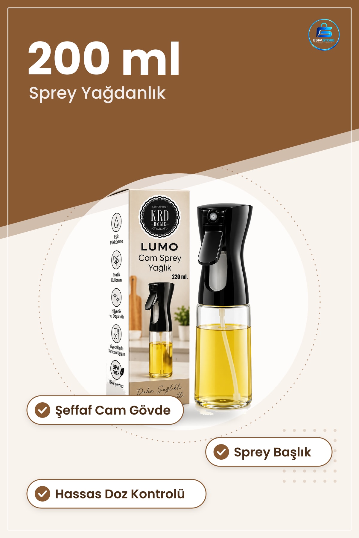 Cam Yağdanlık Sprey 200ml Mutfak Zeytinyağı Sirke Püskürtücü Şişe Şeffaf Gövde Hassas Doz