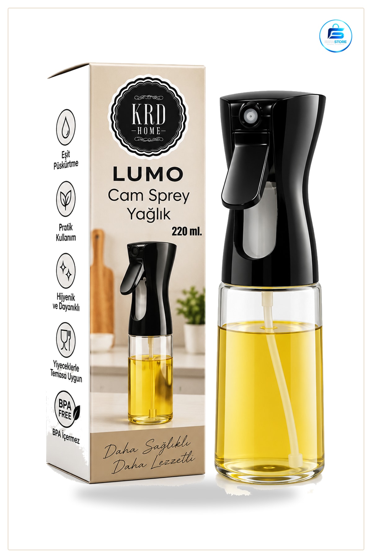 Cam Yağdanlık Sprey 200ml Mutfak Zeytinyağı Sirke Püskürtücü Şişe Şeffaf Gövde Hassas Doz