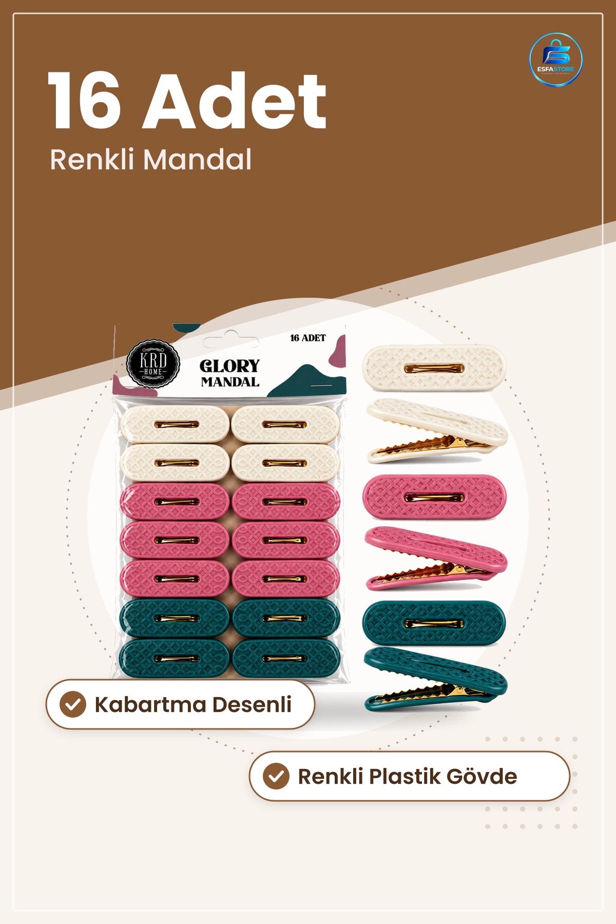 Renkli Plastik Çamaşır Mandalı 16 Adet Kabartma Desenli Dayanıklı Balkon Kurutma İpi Seti