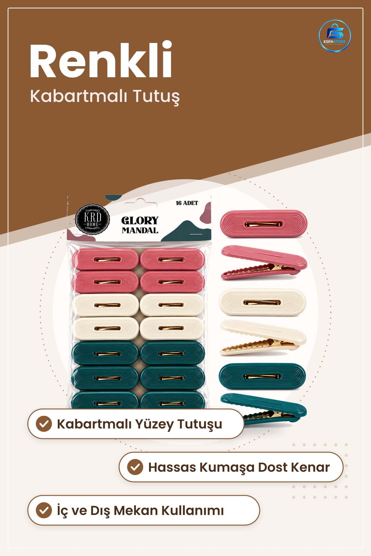 Çamaşır Mandalı Renkli Kabartmalı Plastik Kumaşa Dost Tutuş İç ve Dış Mekan Kullanımı